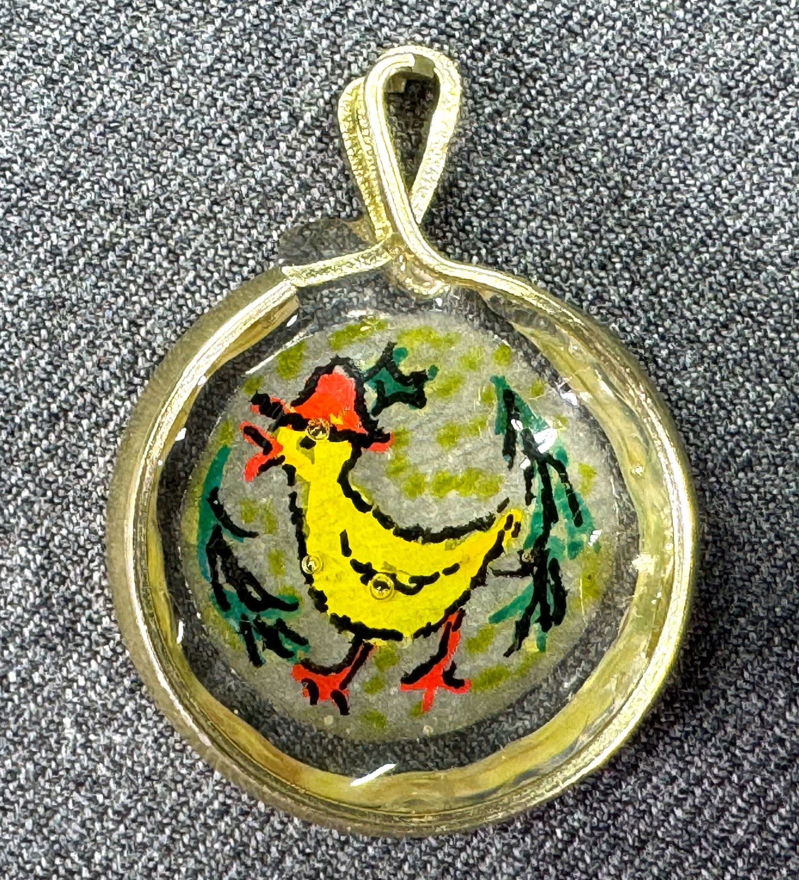 Vintage Diana Spyros hand painted paper inlaid resin Christmas Duck pendant (1 of 4)