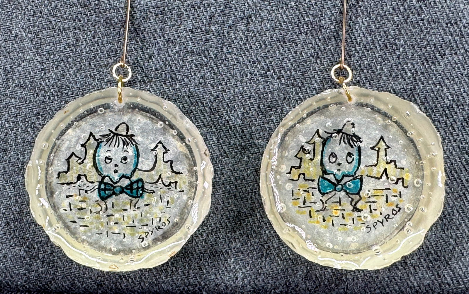 Vintage Diana Spyros hand painted paper inlaid resin dangles hook earrings (1 of 6)