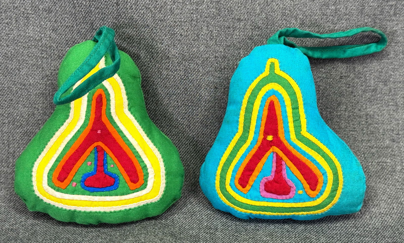 Vintage Mola Art Kuna Panama assorted pear shaped ornaments: IN HOUSE FLAT SHIPPING & HANDLING COST WITHIN ALL THE U.S. : $7 To bypass LiveShipping, and use our In-House shipping service for $7 or shipping combined for multiple lots, please select “Arrange Yo