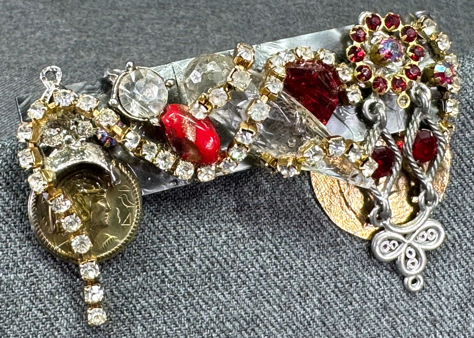 Vintage artsy assorted beads, crystals assemblage brooch pin (1 of 6)