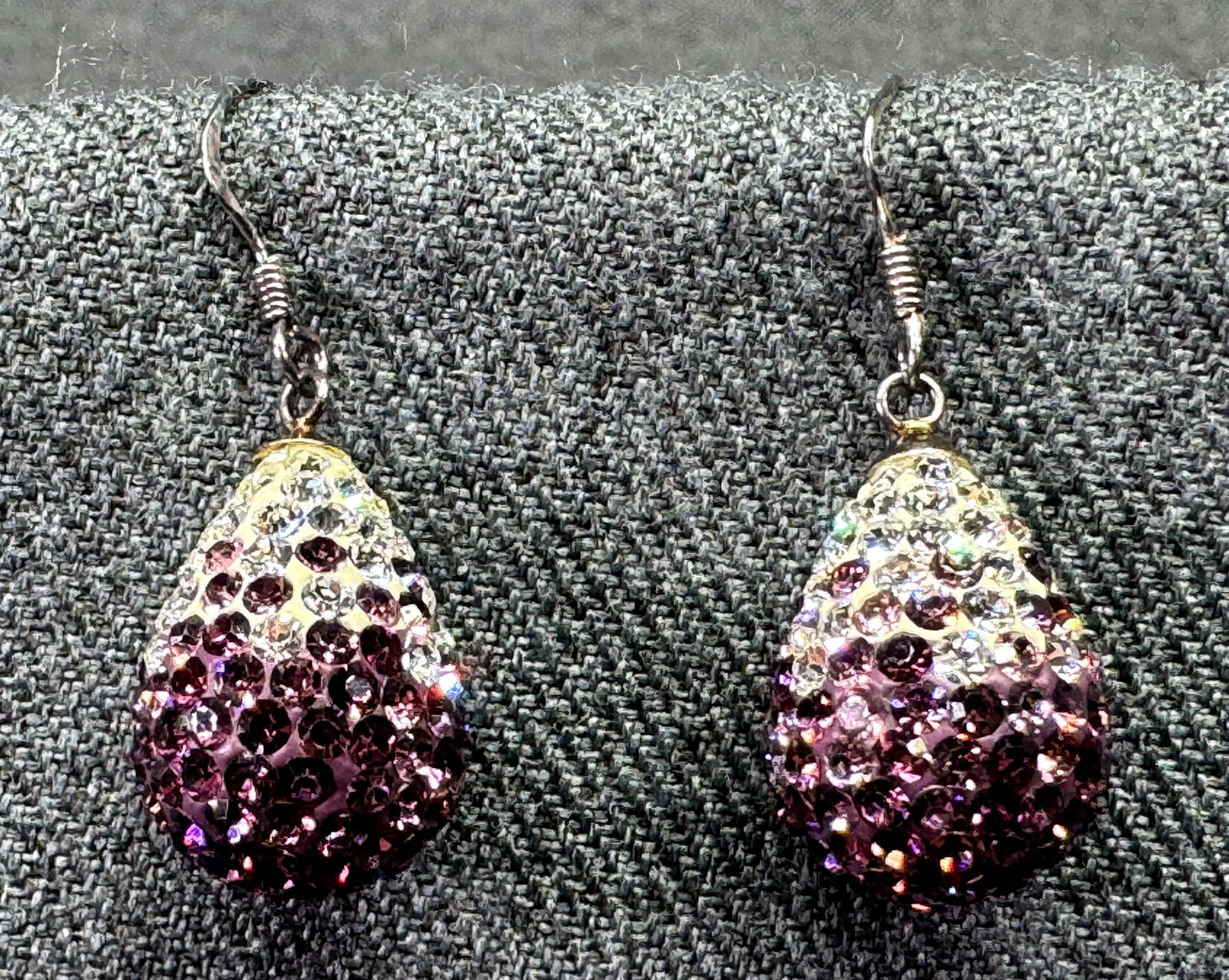 Vintage purple & clear crystals encrusted clay drop sterling silver hook earrings: IN HOUSE FLAT SHIPPING & HANDLING COST WITHIN ALL THE U.S. : $7 To bypass LiveShipping, and use our In-House shipping service for $7 or shipping combined for multiple lots, please select “Arrange Yo