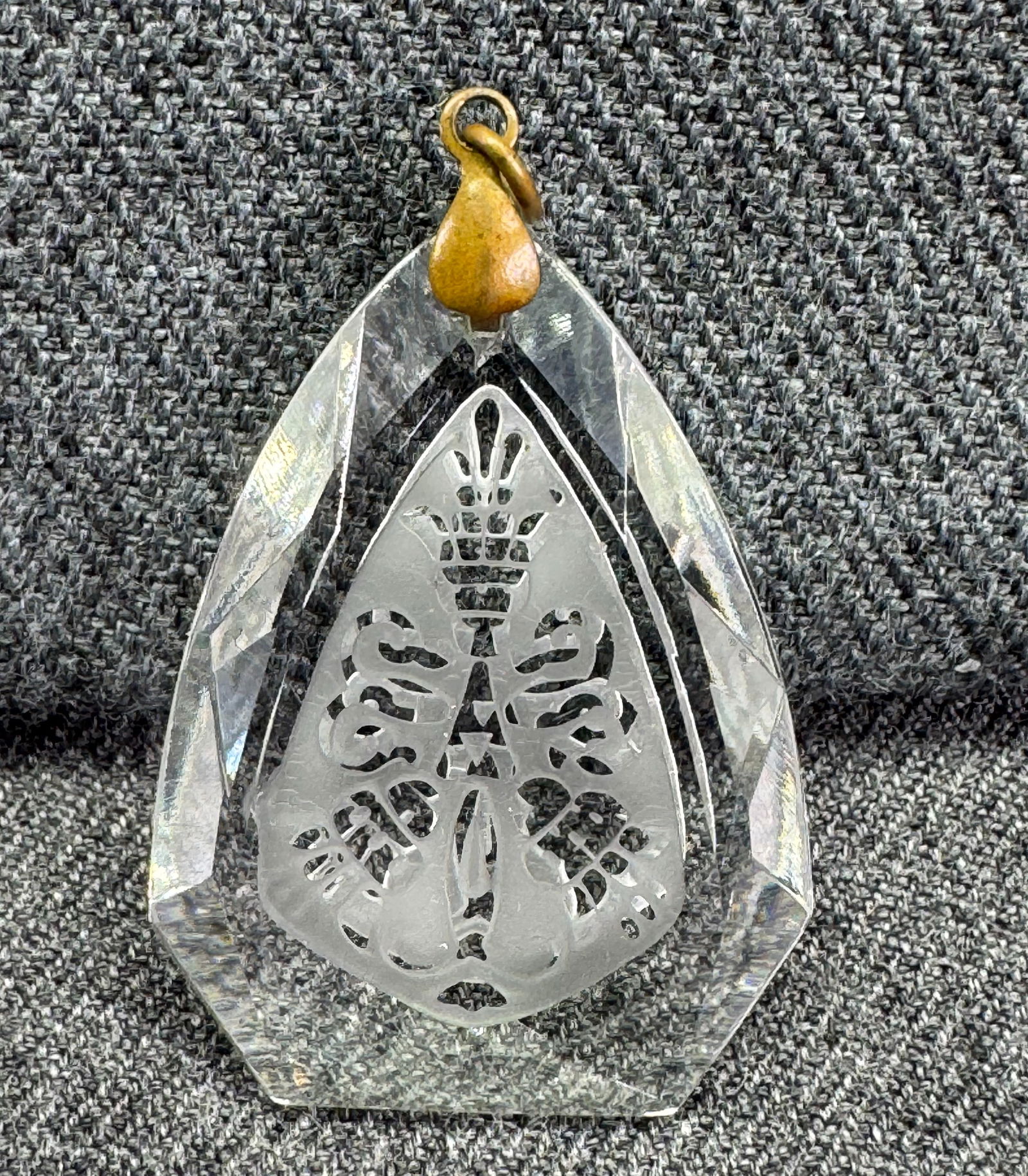 Antique Czech art nouveau faceted & etched flowers glass pendant: IN HOUSE FLAT SHIPPING & HANDLING COST WITHIN ALL THE U.S. : $7 To bypass LiveShipping, and use our In-House shipping service for $7 or shipping combined for multiple lots, please select “Arrange Yo