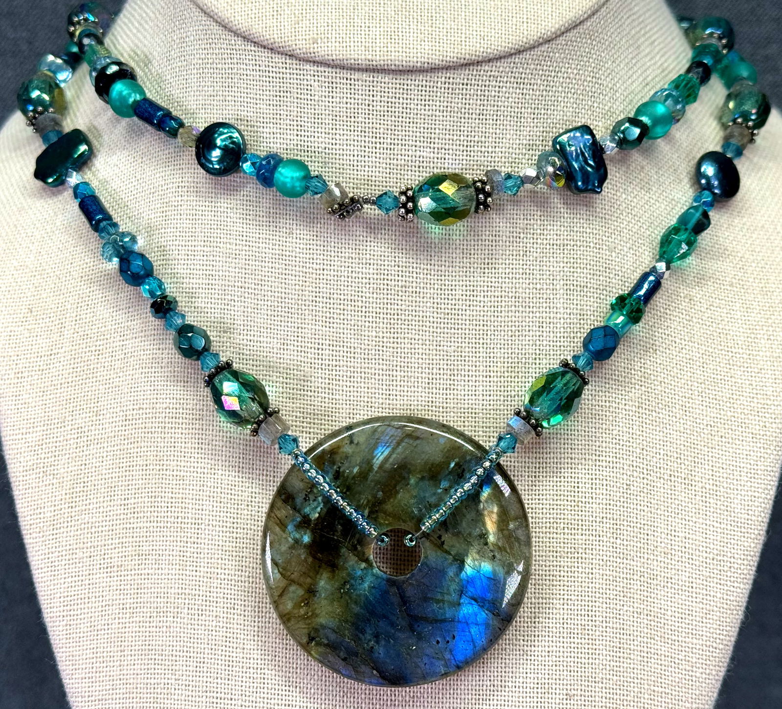 Vintage labradorite donut pendant, teal crystal, baroque pearl, glass beaded necklace (1 of 7)