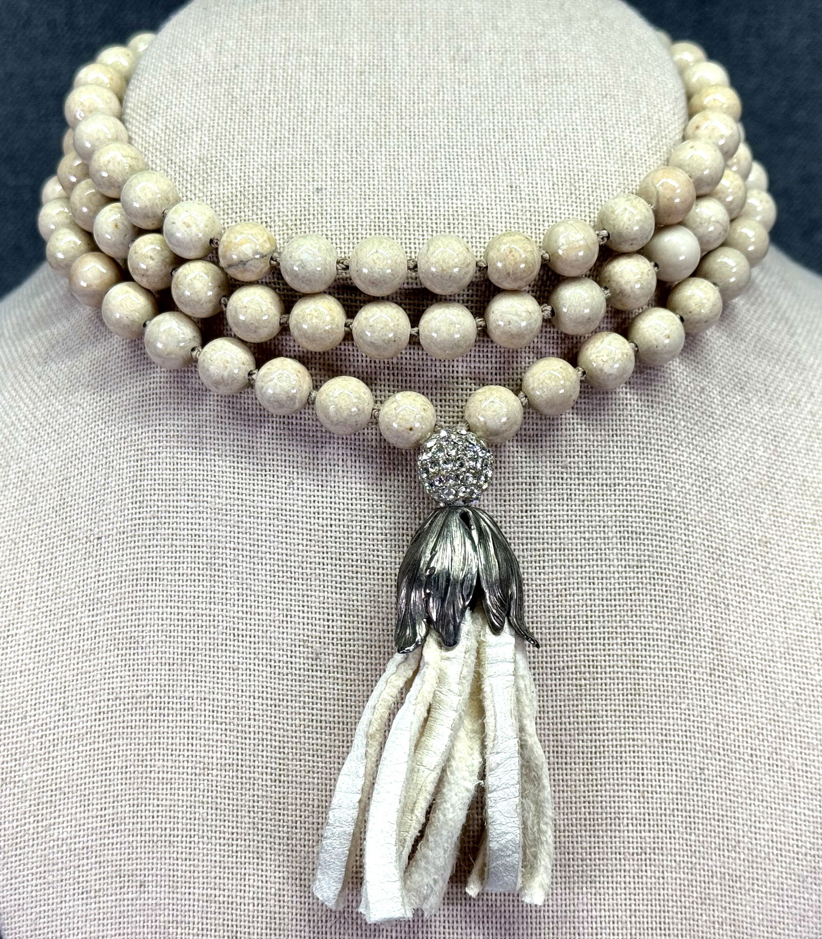Vintage boho marbled stone beads necklace with rhinestones, metal & leather tassel (1 of 6)