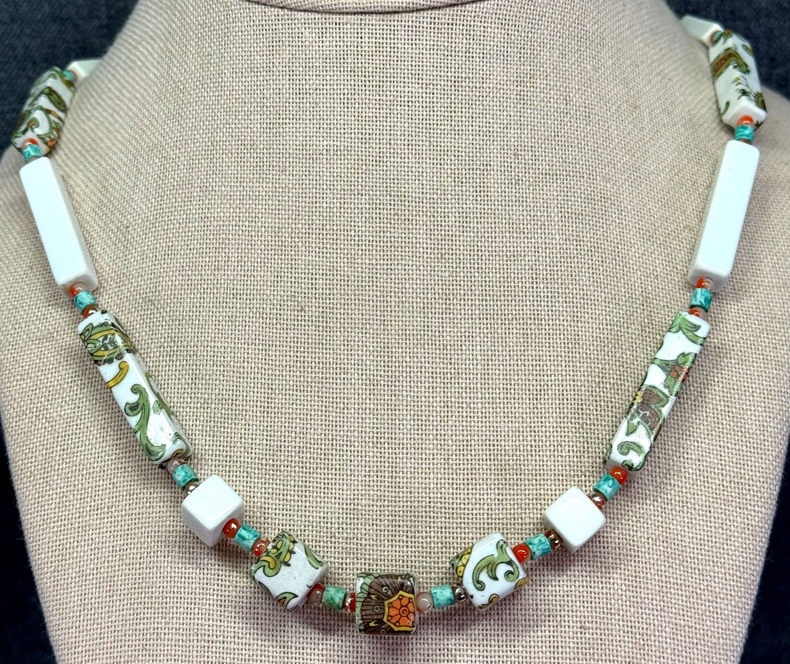 Vintage 60s boho porcelain beaded necklace: IN HOUSE FLAT SHIPPING & HANDLING COST WITHIN ALL THE U.S. : $7 To bypass LiveShipping, and use our In-House shipping service for $7 or shipping combined for multiple lots, please select “Arrange Yo