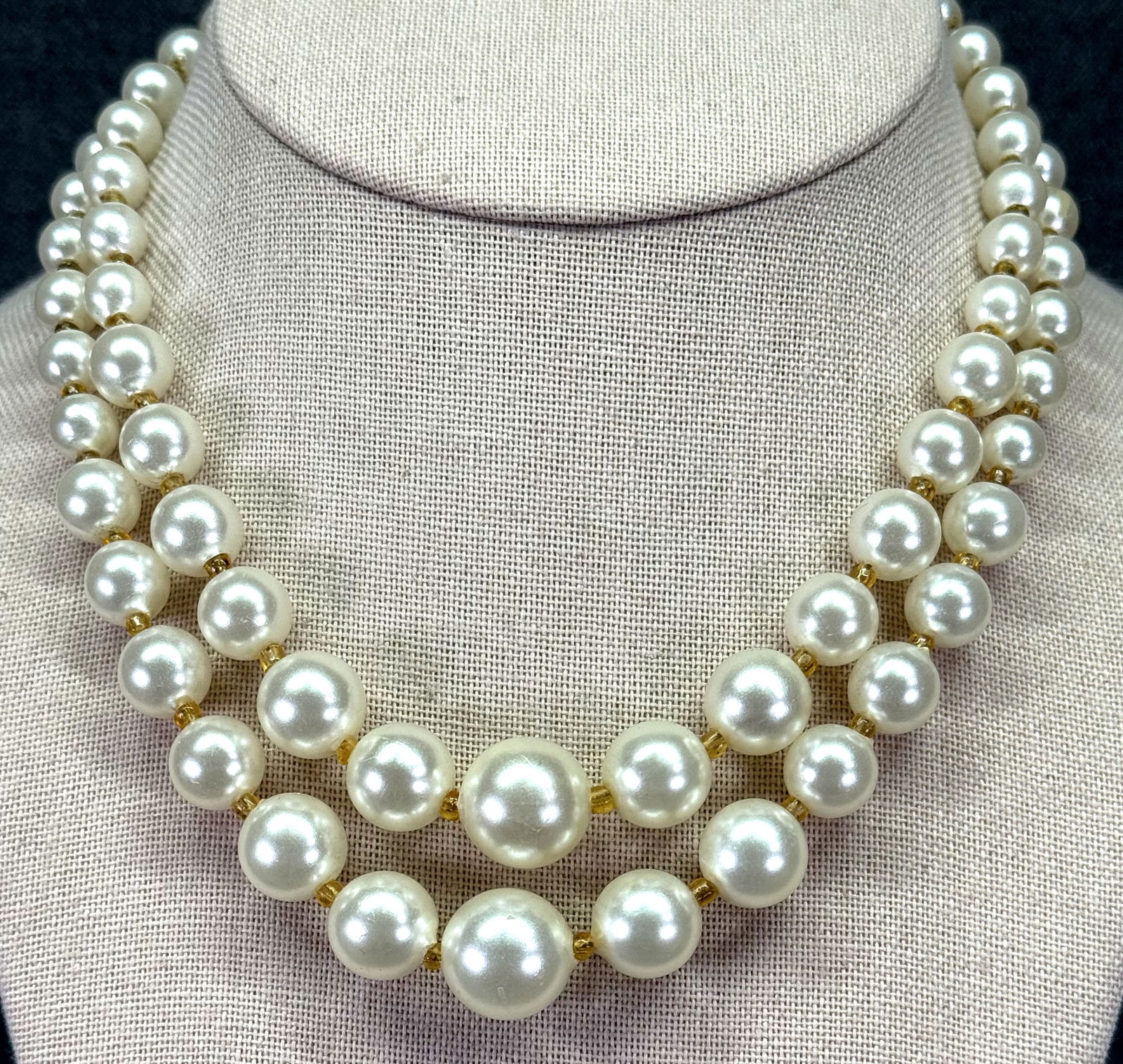 Vintage Japan pearly & tiny amber color beads 2 strands collar necklace: IN HOUSE FLAT SHIPPING & HANDLING COST WITHIN ALL THE U.S. : $7 To bypass LiveShipping, and use our In-House shipping service for $7 or shipping combined for multiple lots, please select “Arrange Yo