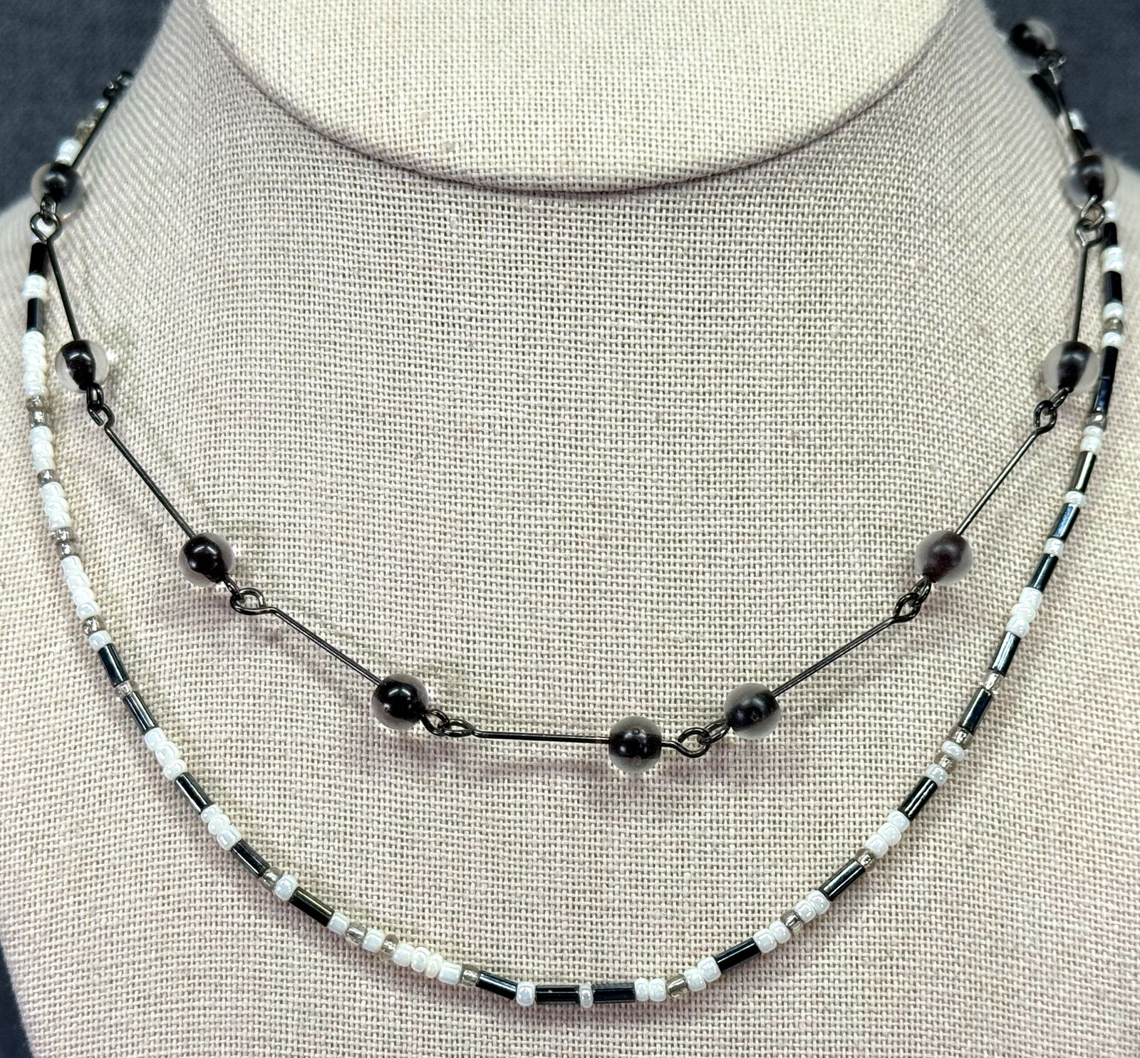 Vintage seed glass & plastic & black wire beaded necklaces: IN HOUSE FLAT SHIPPING & HANDLING COST WITHIN ALL THE U.S. : $7 To bypass LiveShipping, and use our In-House shipping service for $7 or shipping combined for multiple lots, please select “Arrange Yo