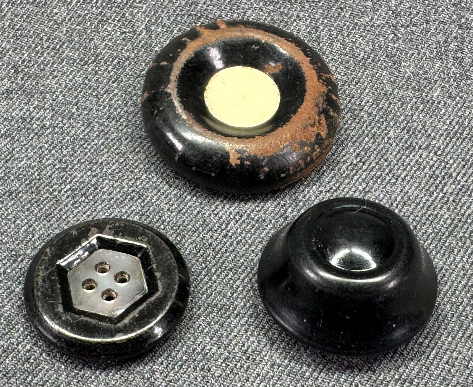 Antique assorted inlay MOP and celluloid tin buttons. Lot of 3 (1 of 4)