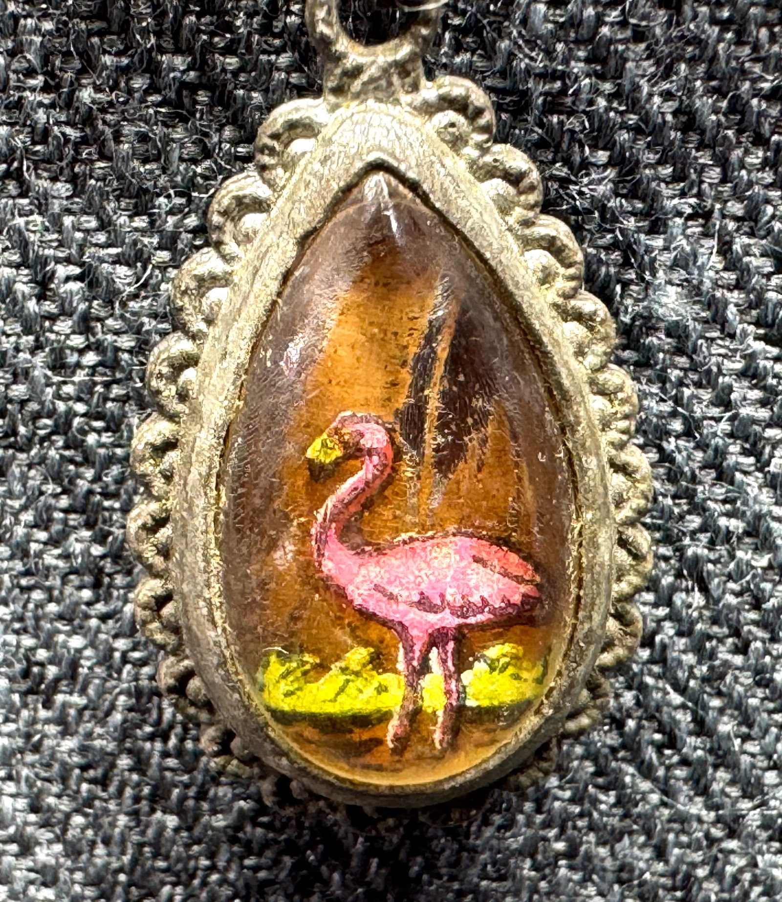 Vintage double sided painted flamingo & seascape glass dome silver-toned pendant (1 of 4)