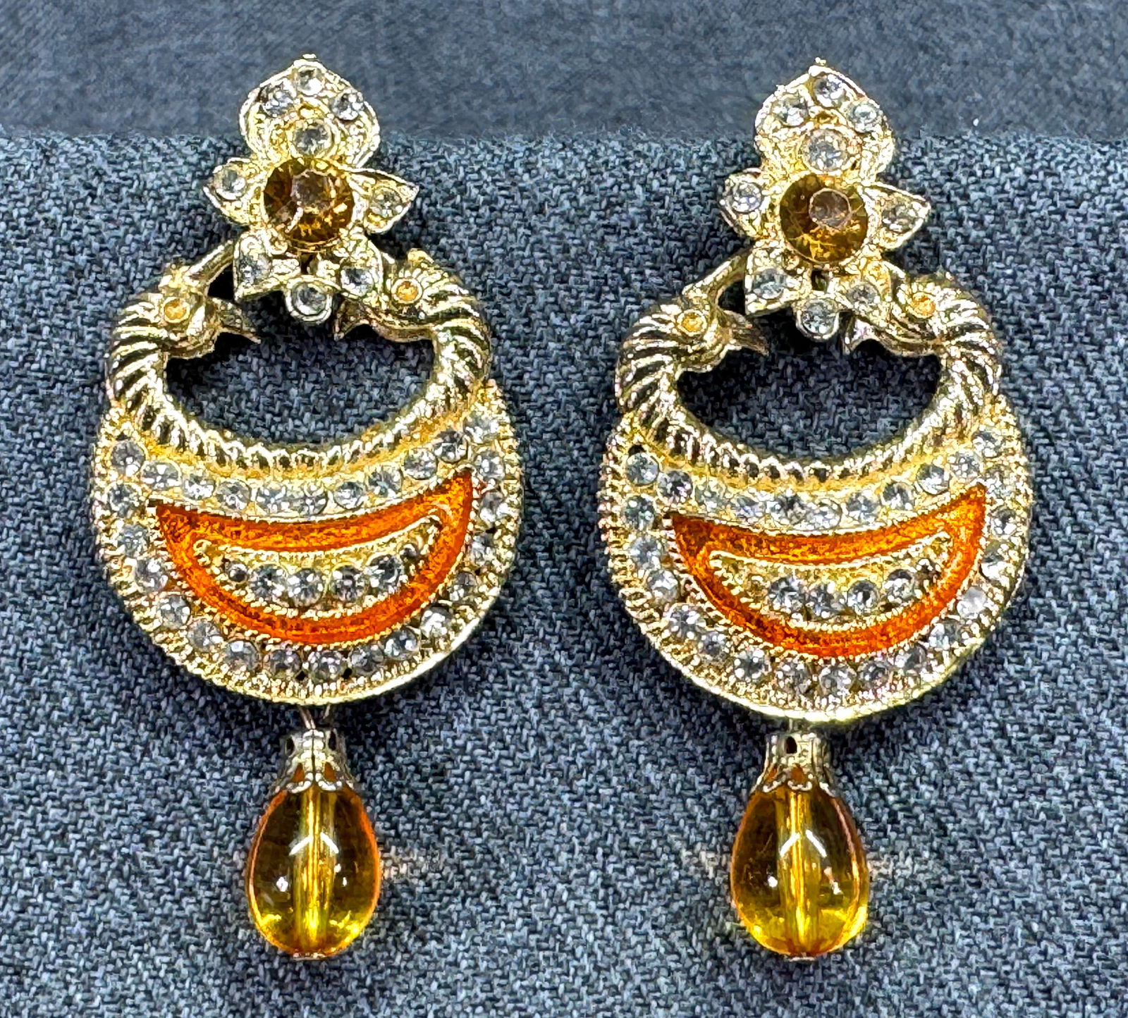 Vintage crystals enamel gold-toned metal stud earrings with glass dangle (1 of 4)