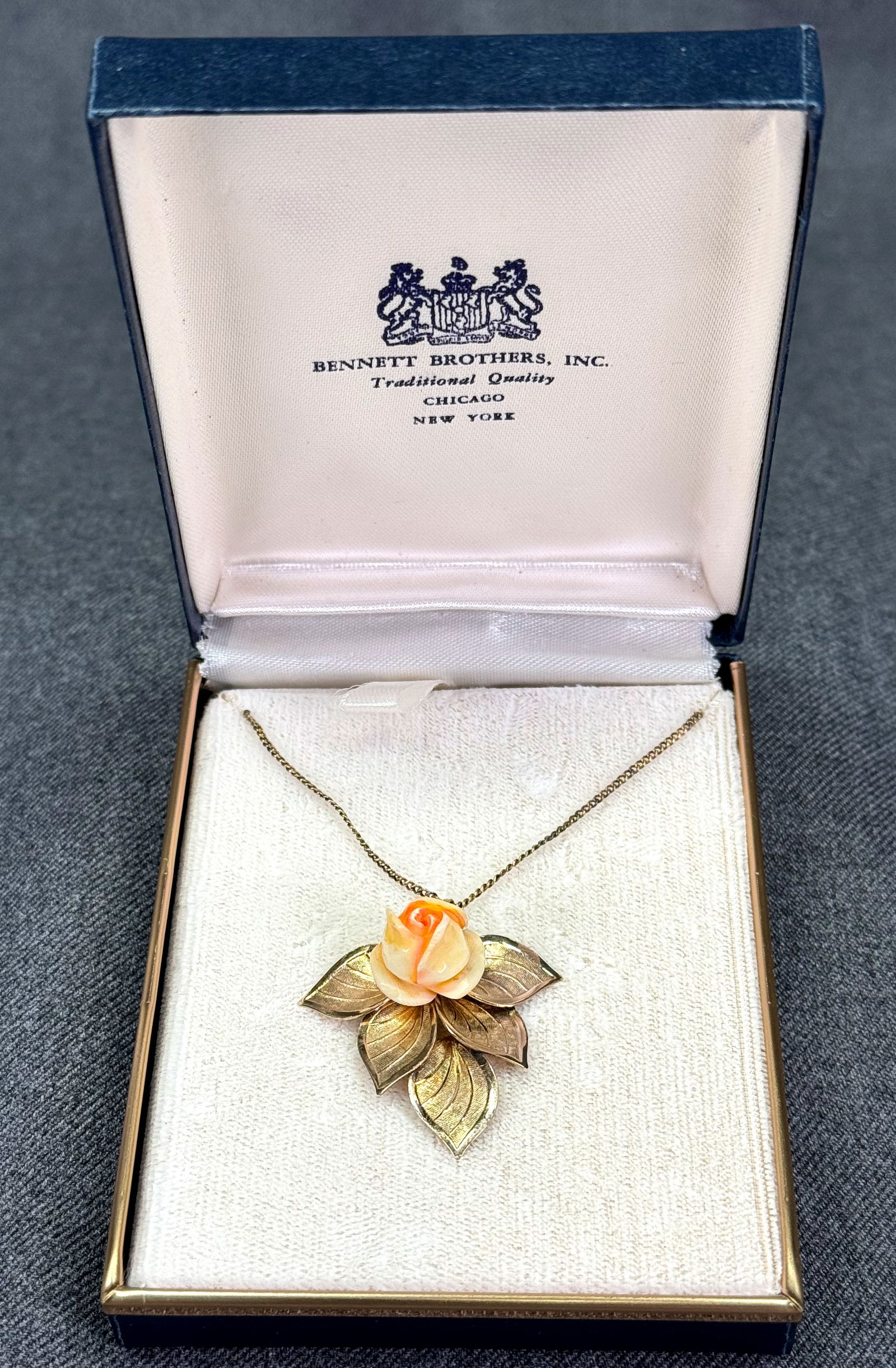 Vintage Bennett Brothers colored bone carved flower 12K gold-filled necklace in box (1 of 14)