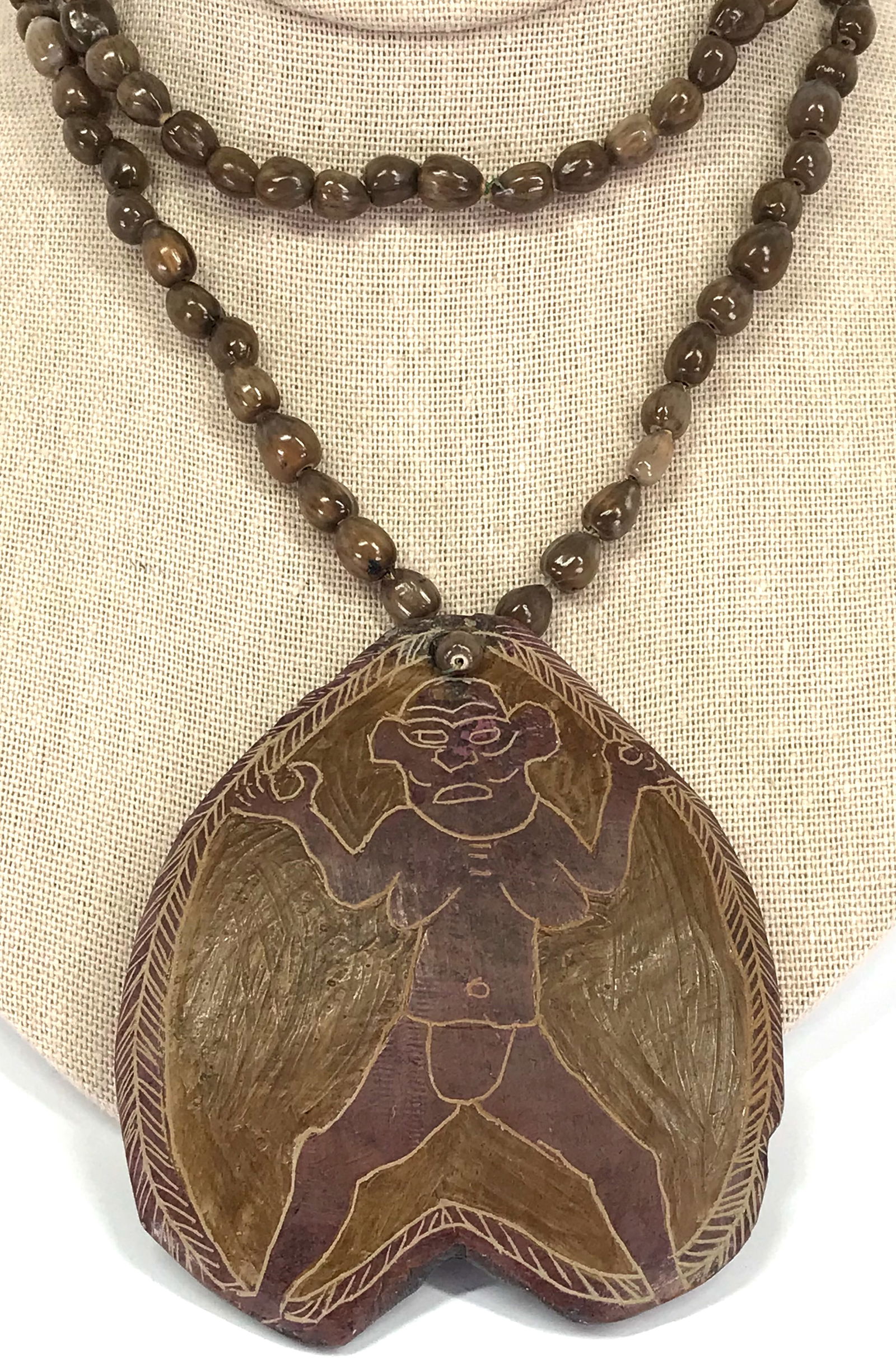 Papua New Guinea Asaro Painted and Incised Stone Medallion & Seeds Strap Necklace. (1 of 10)