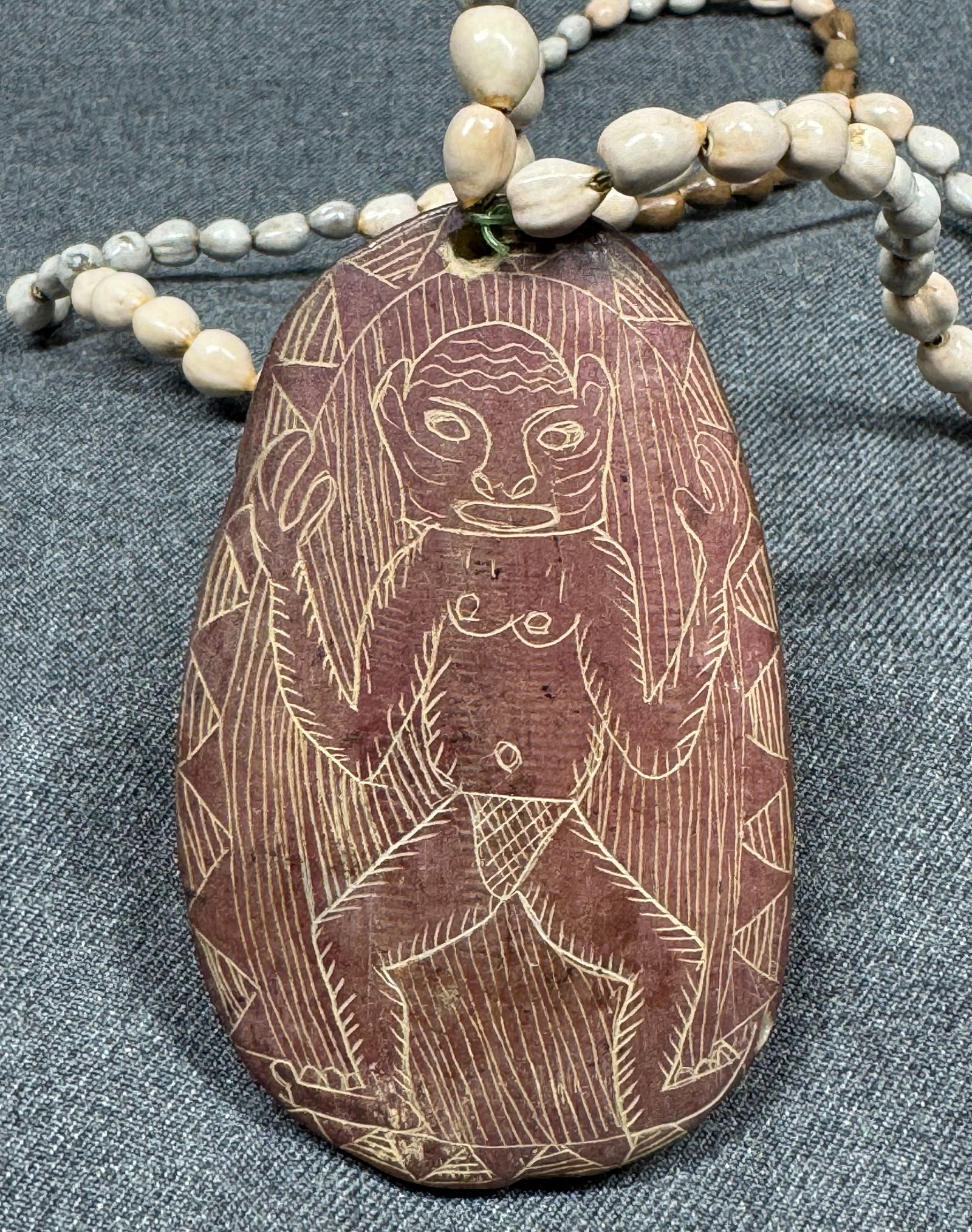 Papua New Guinea Asaro Painted and Incised Stone Medallion & Seeds Strap Necklace. (1 of 10)