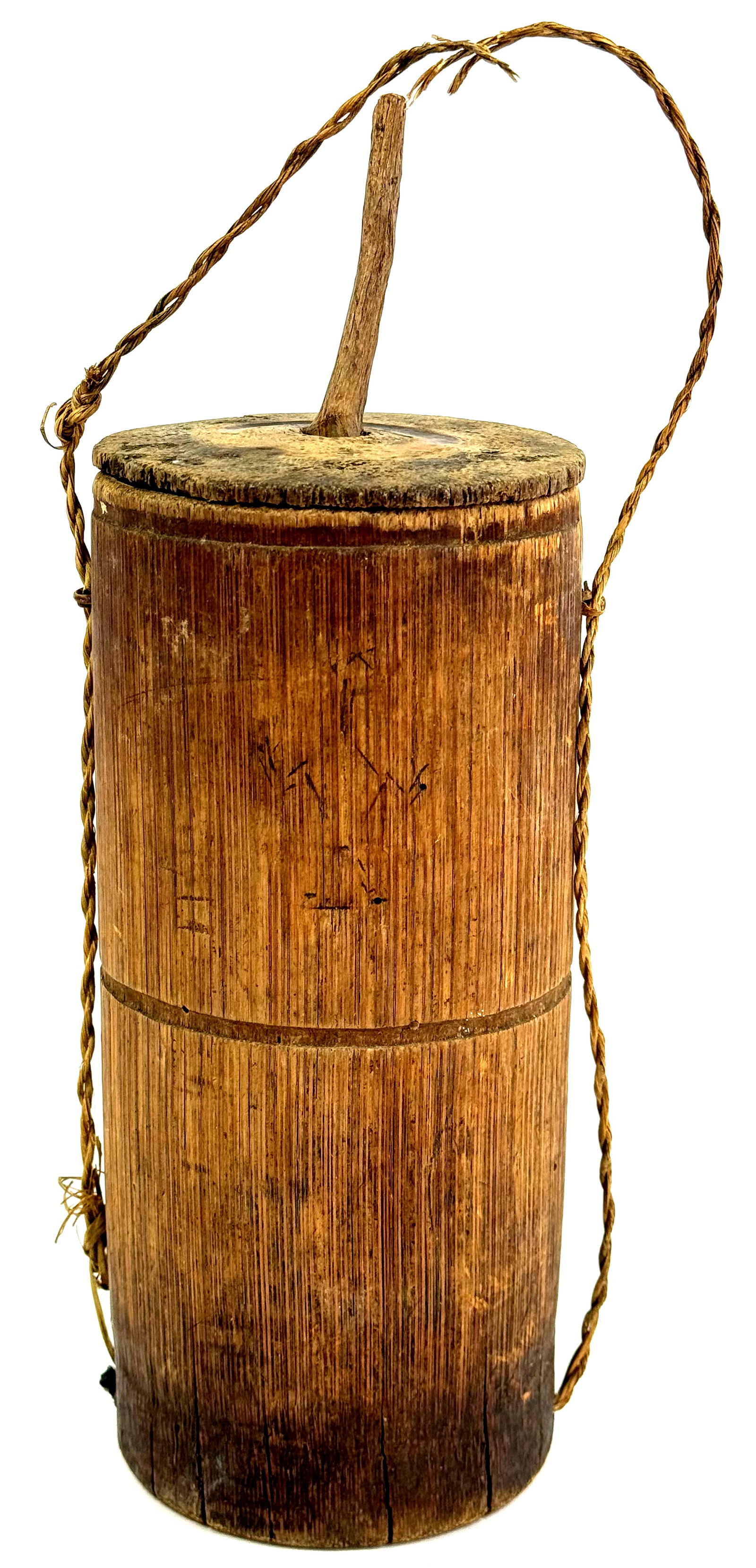 Old Naga Burma/India Lidded Container. Decorated bamboo, fiber.: IN HOUSE FLAT SHIPPING & HANDLING COST WITHIN ALL THE U.S. : $15 To bypass LiveShipping, and use our In-House shipping service for $15 or shipping combined for multiple lots, please select