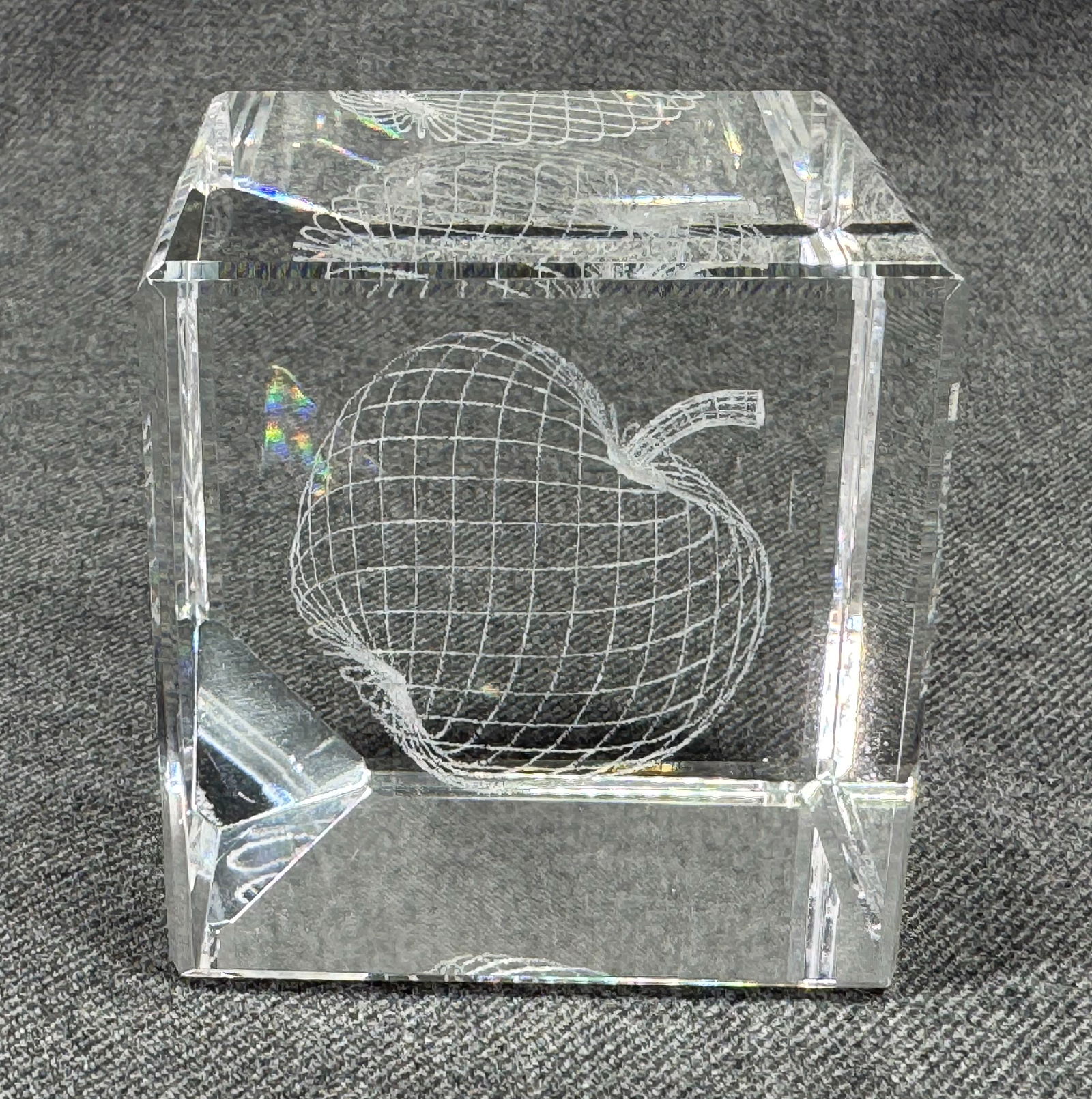 Clear Glass Crystal Cube Paperweight with an Etched Apple (1 of 5)