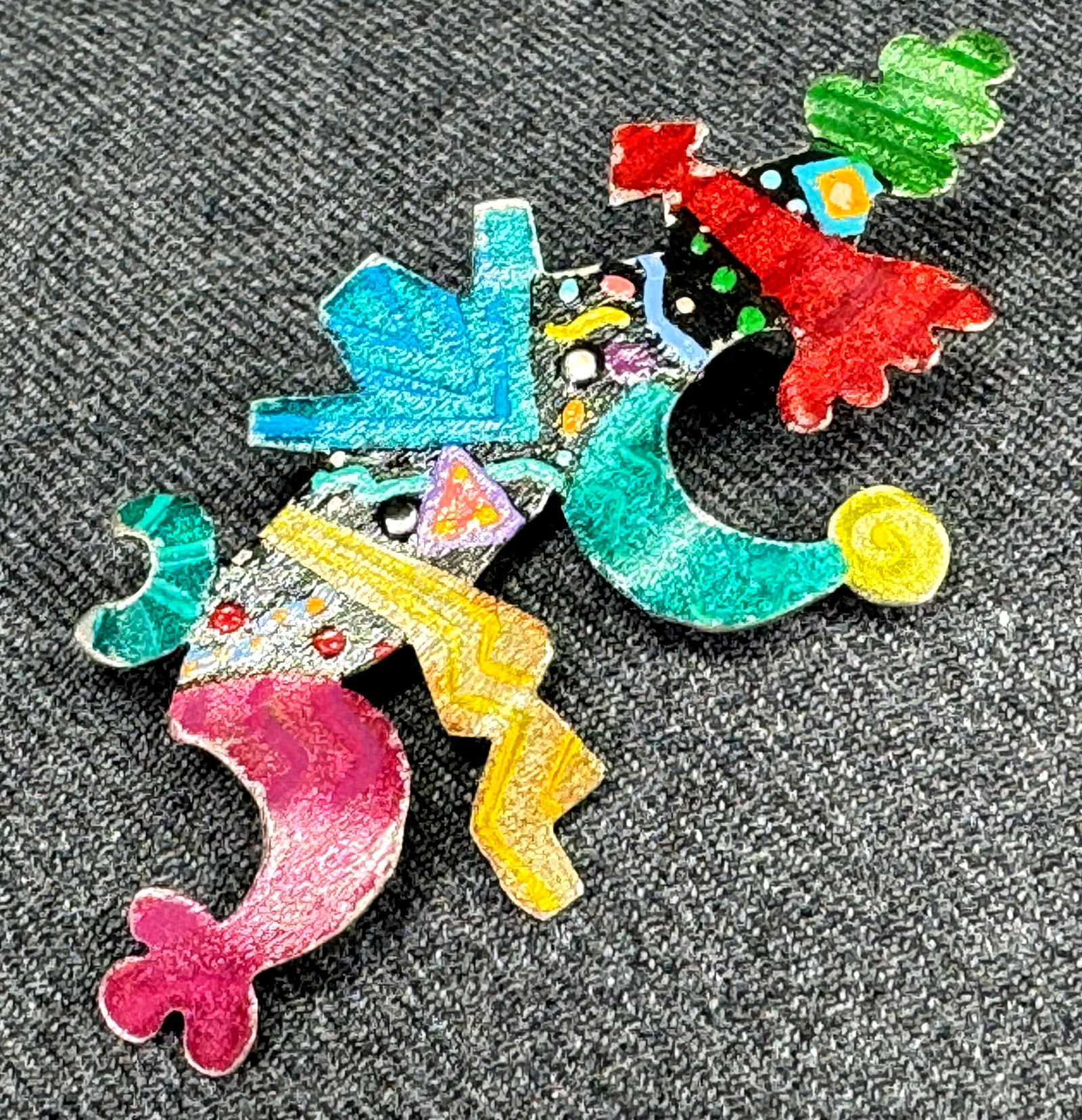 Vintage 80s artsy hand painted silvertone ethnic, tribal style pin brooch (1 of 6)