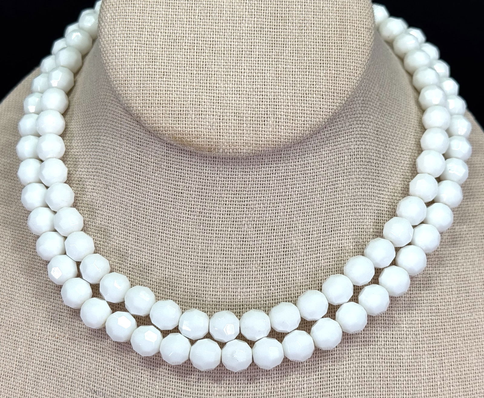 Vintage faceted milky white glass beads 2 strands necklace: IN HOUSE FLAT SHIPPING & HANDLING COST WITHIN ALL THE U.S. : $7 To bypass LiveShipping, and use our In-House shipping service for $7 or shipping combined for multiple lots, please select “Arrange Yo