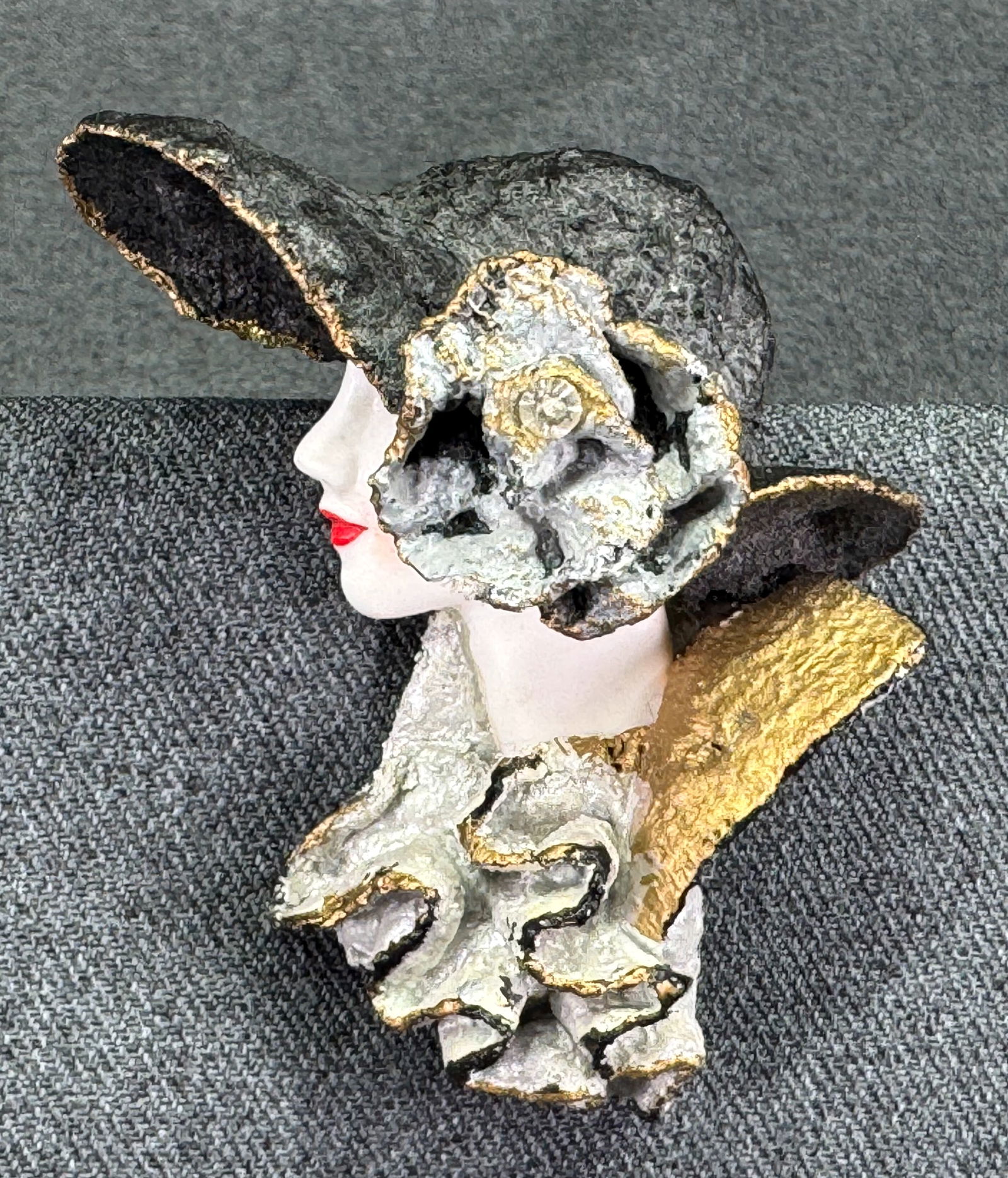 Vintage crafted resin face polymer clay? jeweled hat woman large brooch pin (1 of 6)