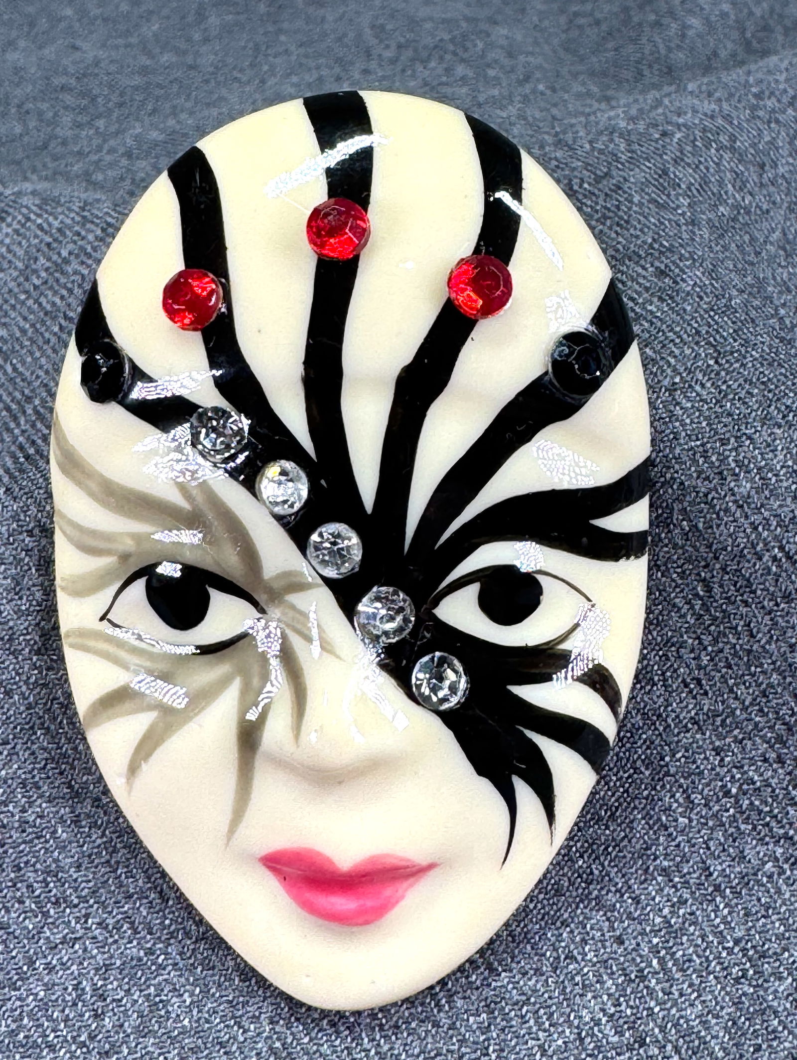 Vintage hand painted, crystals Mardi gras mask porcelain brooch pin (1 of 6)