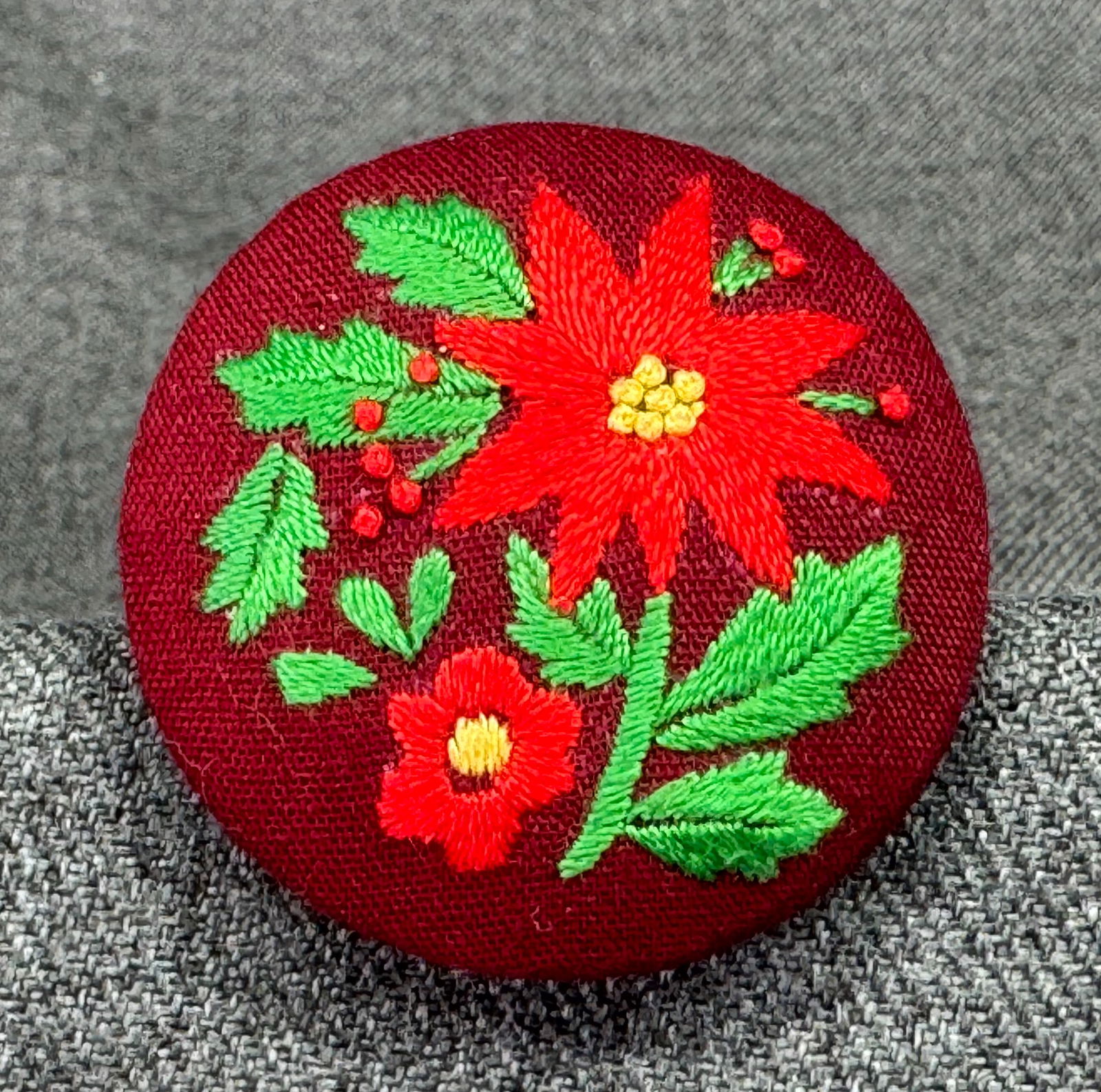 Vintage Hallmark Christmas Stichery 1986 Poinsettia Needlepoint Brooch Pin: IN HOUSE FLAT SHIPPING & HANDLING COST WITHIN ALL THE U.S. : $7 To bypass LiveShipping, and use our In-House shipping service for $7 or shipping combined for multiple lots, please select “Arrange Yo
