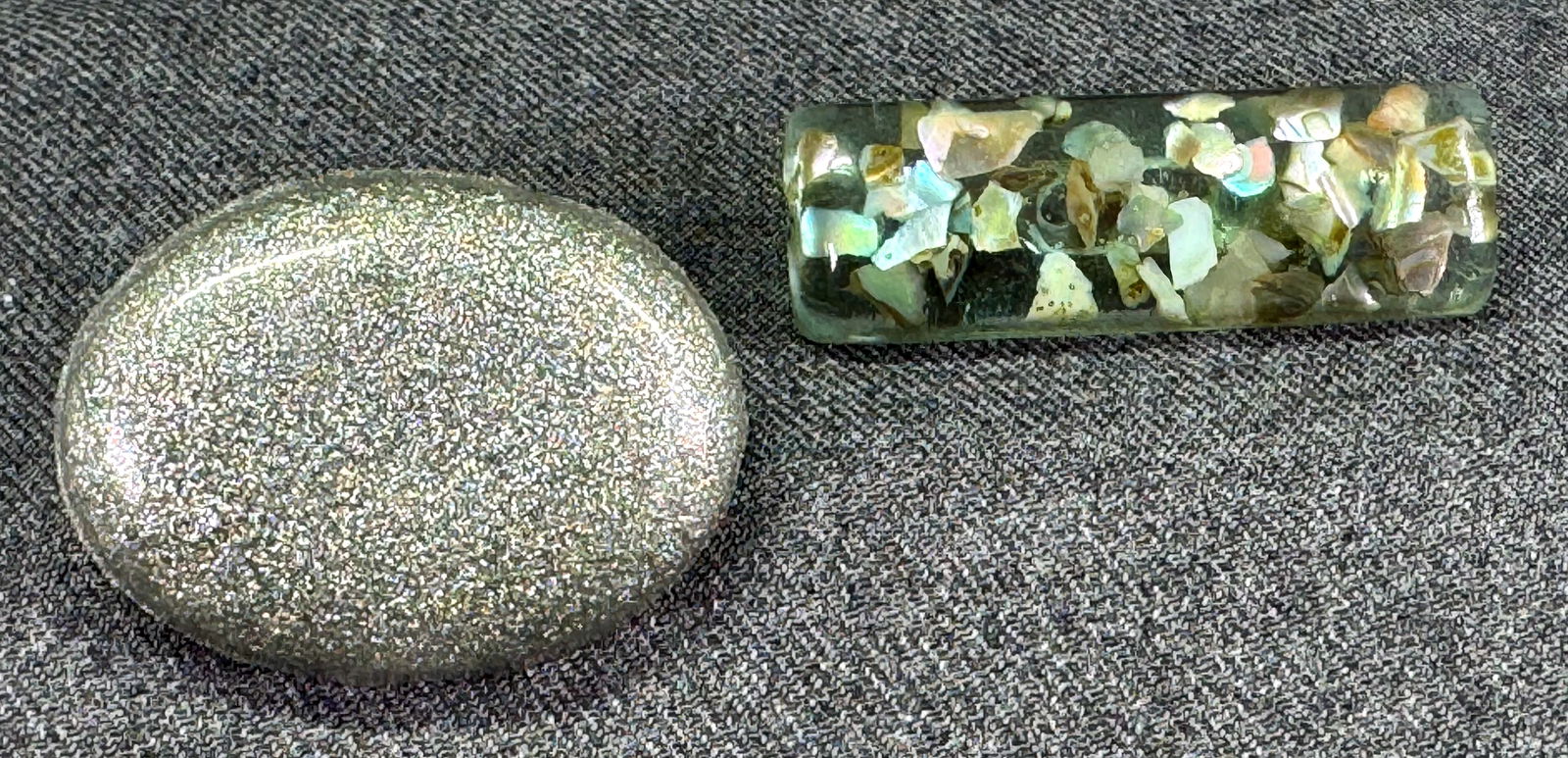 Vintage mother of pearl chips inlay resin and silver glitter resin brooch pins (1 of 6)