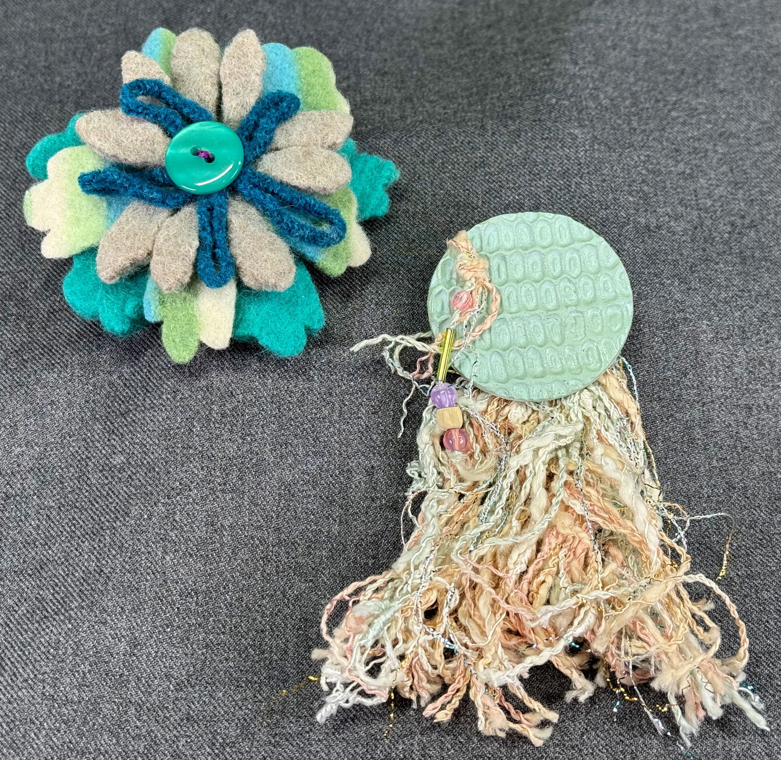 Vintage artsy hand crafted boho flower and rounded with fringe brooch pins (1 of 6)