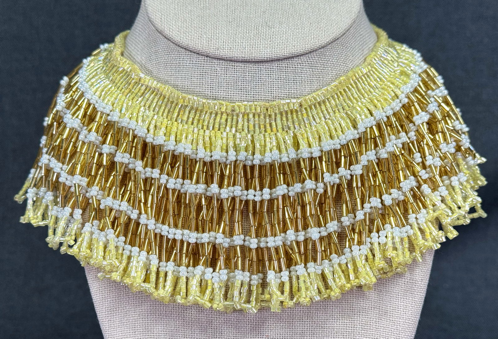Vintage yellow, golden & pearly glass beaded bib necklace with fringe (1 of 6)