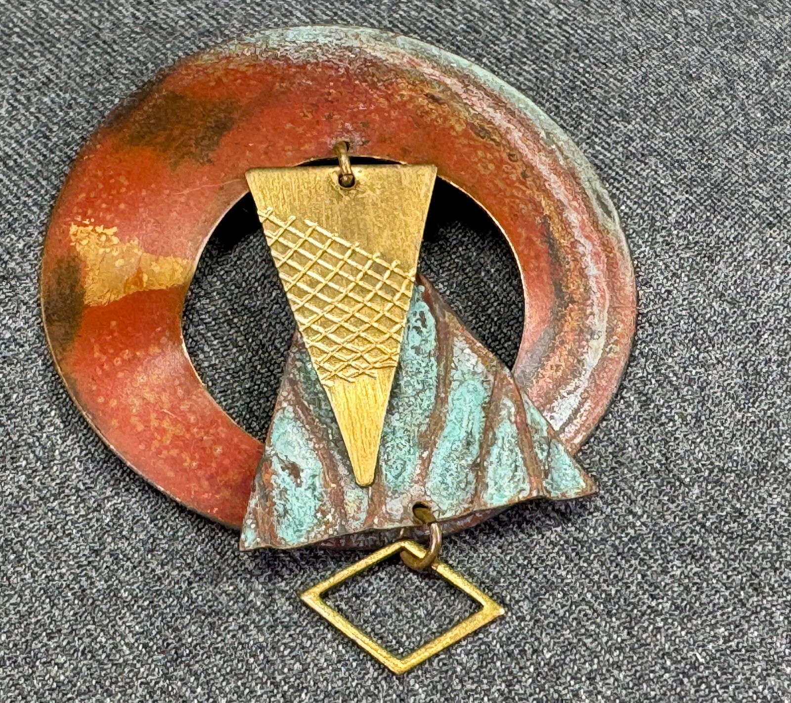 Vintage artsy boho oxidized metals brooch pin with dangles (1 of 6)