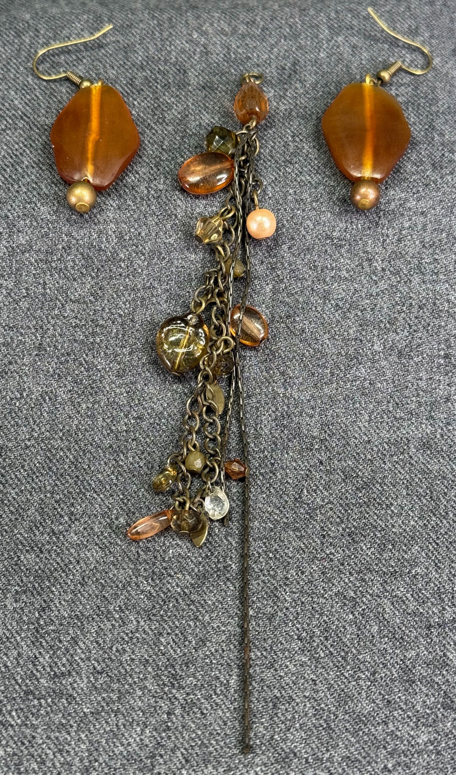 Vintage boho amber color resin dangle hook earrings and jeweled multi chain tassel pendant (1 of 6)