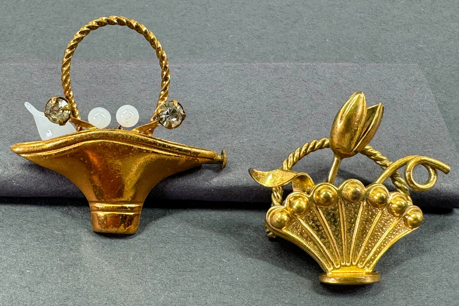 Vintage goldtone metal basket with flowers pin brooch. One jeweled crystals & milky glass beads (1 of 7)