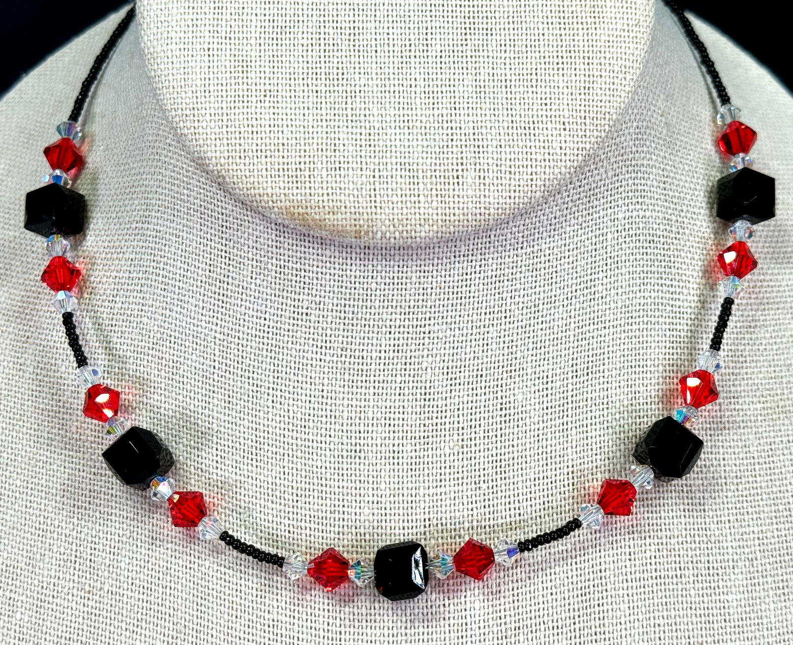 Vintage decorated sterling clasp clear, red & black crystals beaded collar necklace (1 of 9)