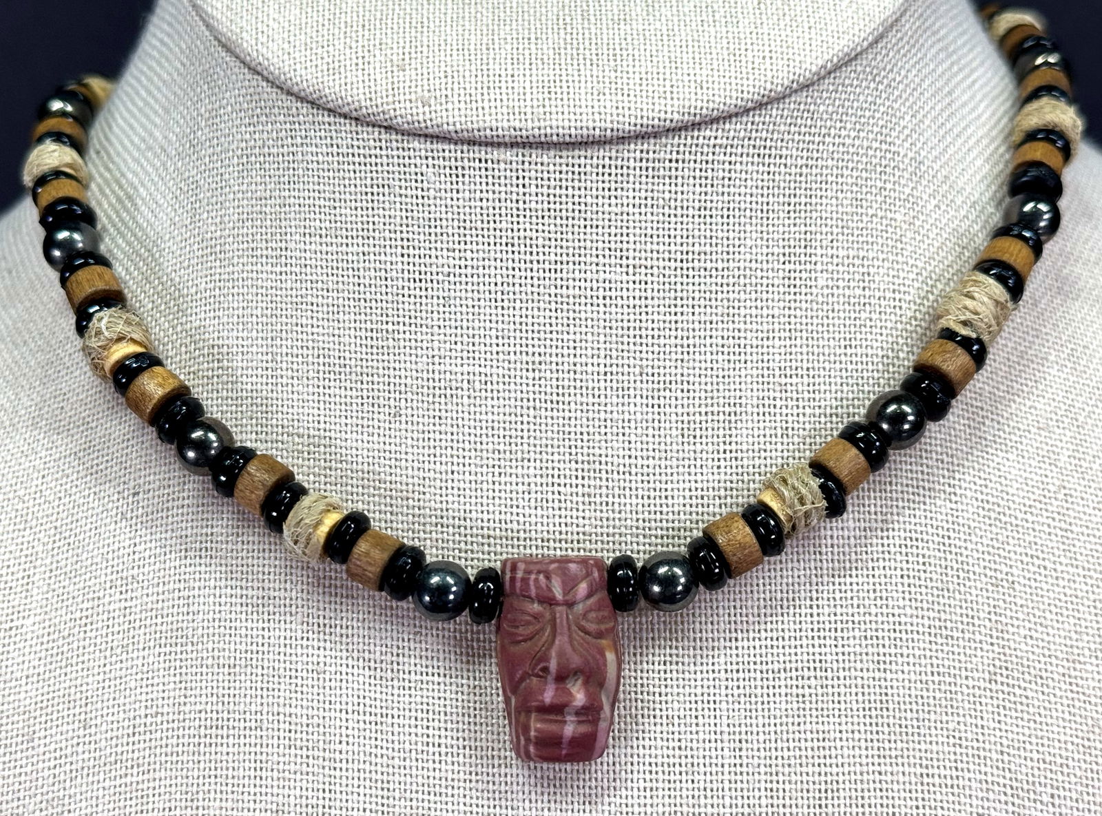 Vintage Panama Jack ethnic style plastic mask, hematite & wooden beaded collar necklace (1 of 9)