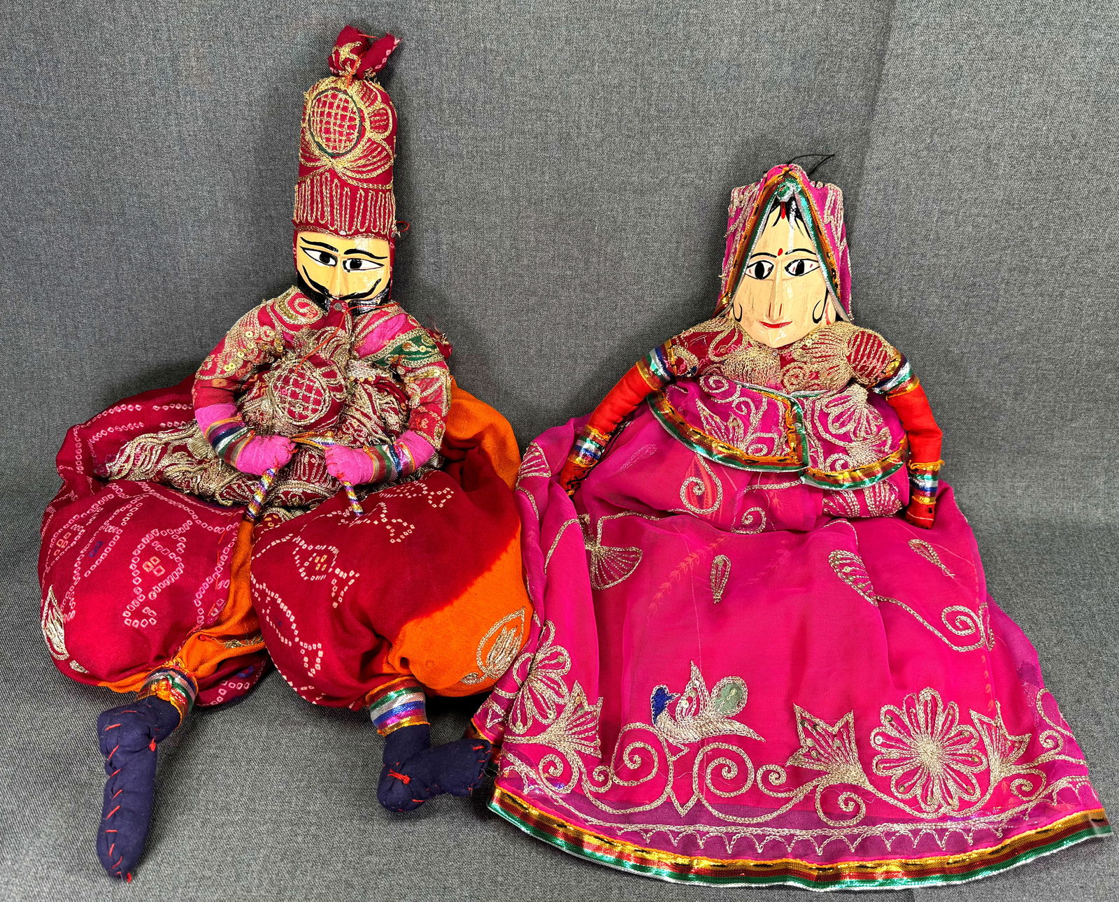 Vintage Handcrafted Rajasthani Folk Art Doll Puppets .Wood Head Embroidery Fabric (1 of 16)