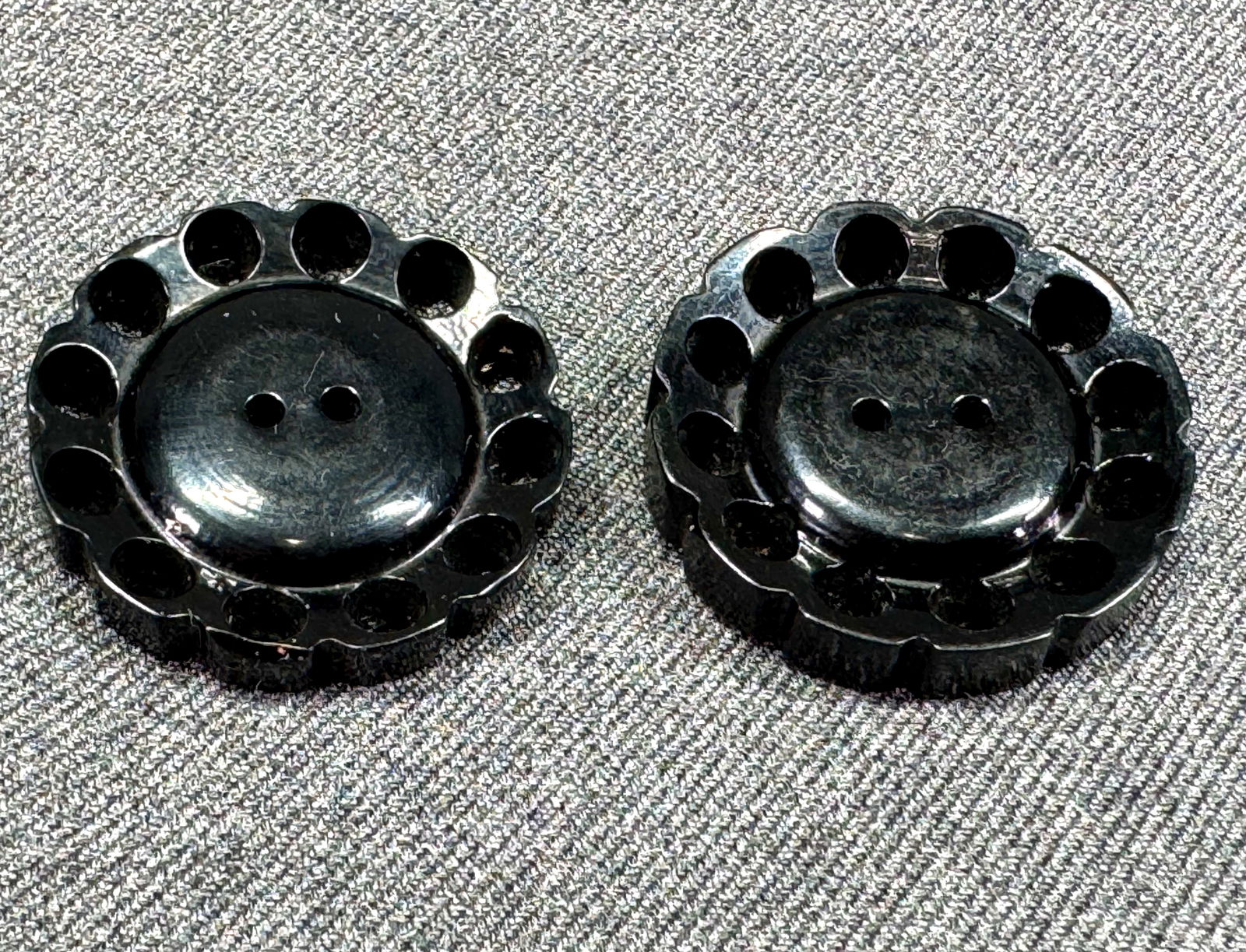 Antique Vintage carved black galalith flower buttons. Lot of 2 (1 of 3)