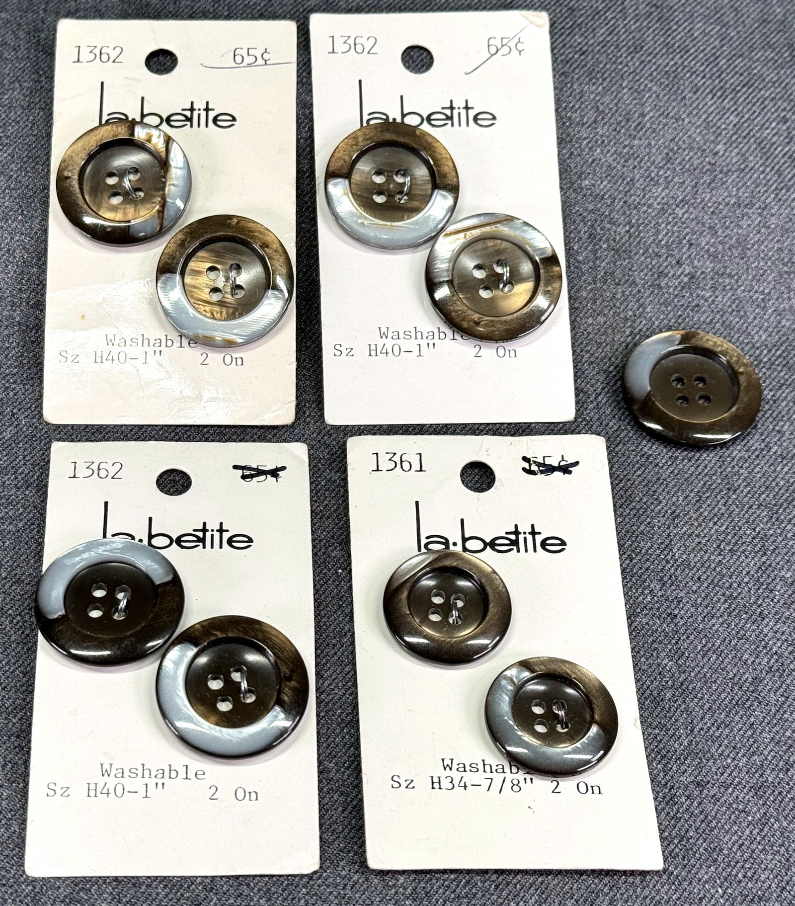 Vintage assorted size pealy white and brown plastic buttons. Lot of 9. Unused in La Petite card. (1 of 5)