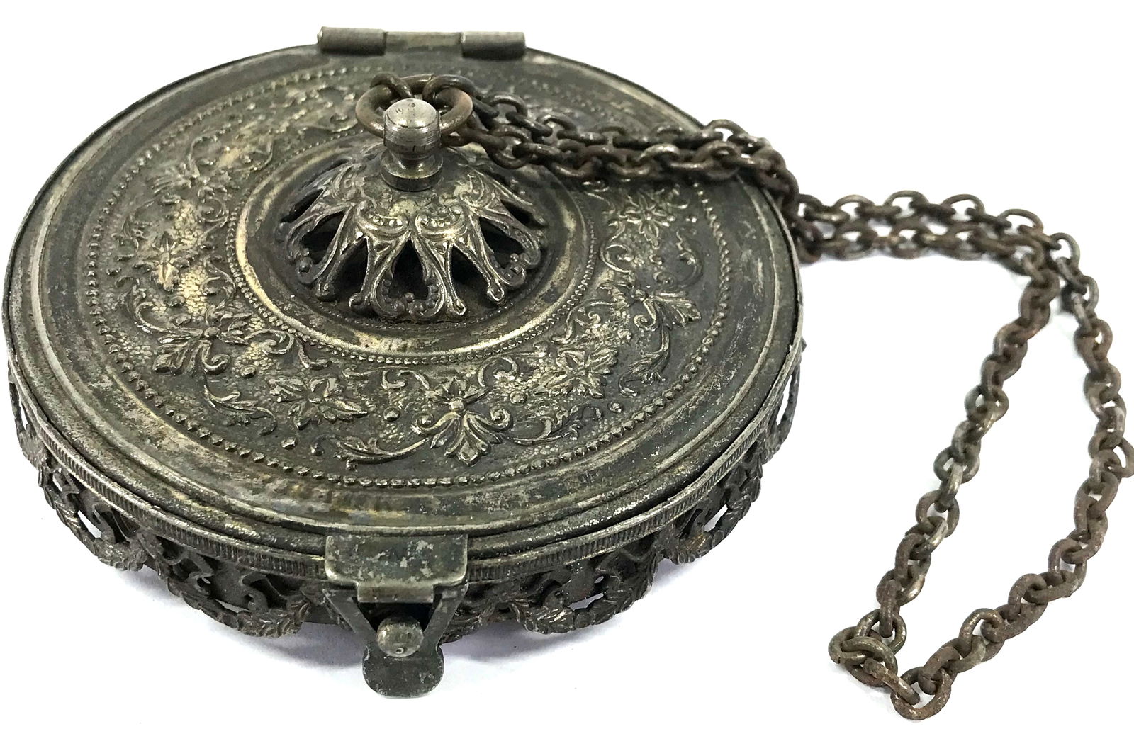 Antique Silvertone Hinged Round Purse Frame with Mirror. (1 of 11)