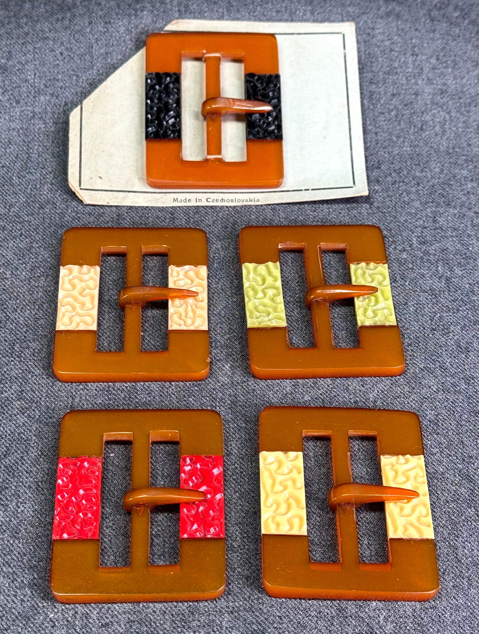 Vintage Czech art deco flapper inlaid color celluloid applejuice bakelite belt buckles. Lot of 5. (1 of 6)