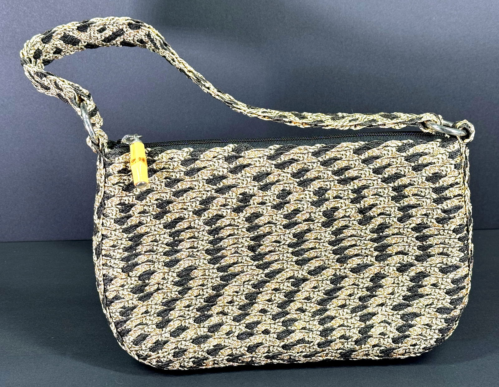 Vintage Talbots golden metallic creamy & blue woven raffia zippered purse bag. (1 of 11)
