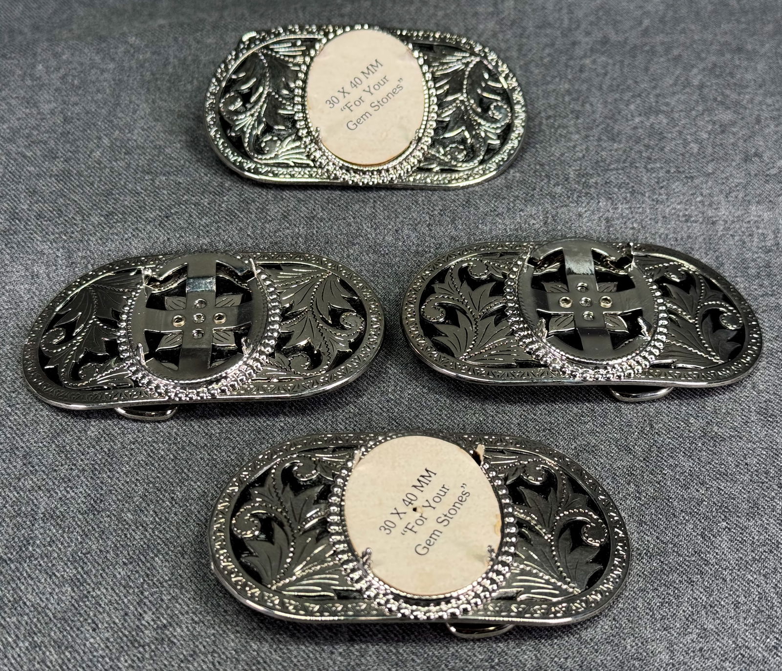 Vintage Western black paint silvertone metal insert your gem stone belt buckle. Lot of 4 (1 of 6)