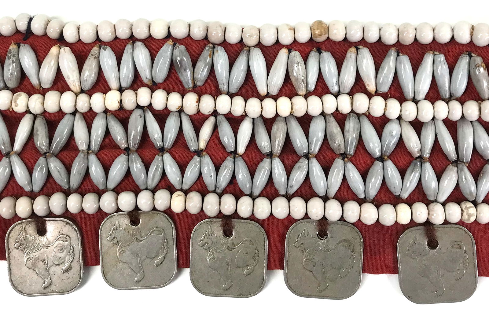 Old Burmese belt. Seeds, pyas coins, cloth. (1 of 11)