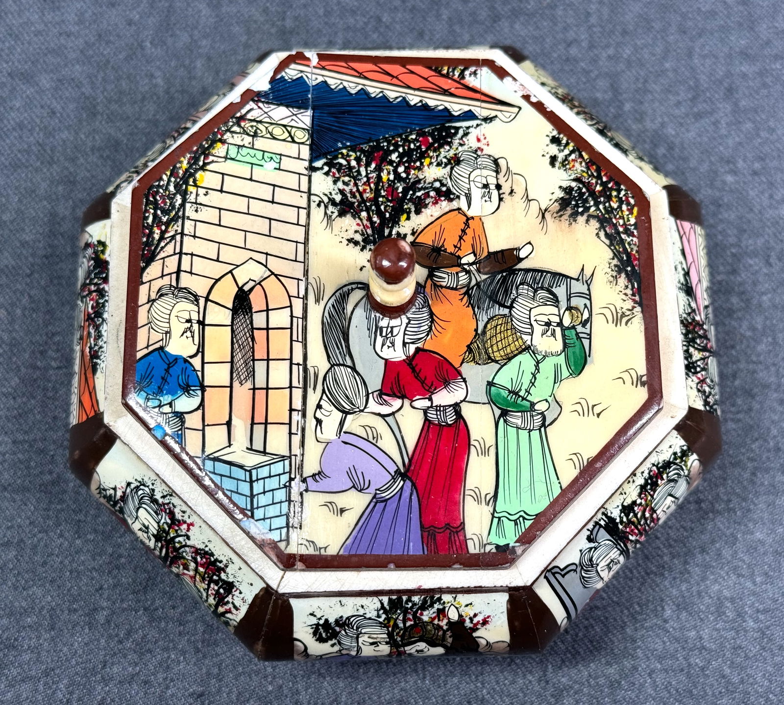 Vintage Persian storyteller miniature painting eight-sided camel bone trinket jewelry box (1 of 11)