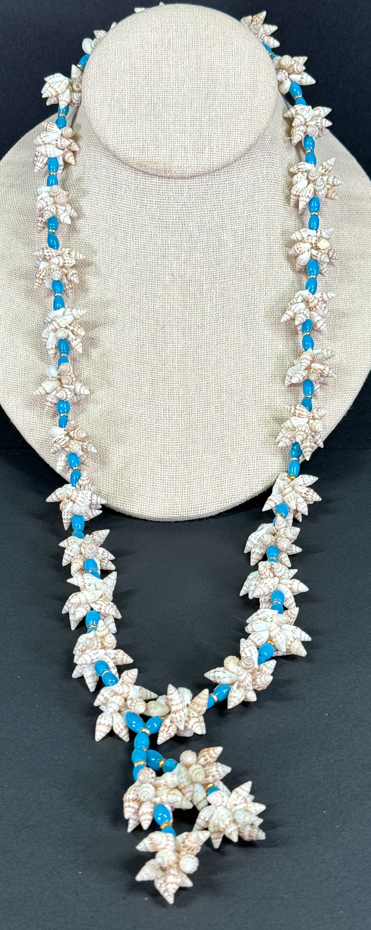 Vintage artisan crafted natural miniature shells, turquoise glass & goldtone metal beaded necklace. (1 of 10)