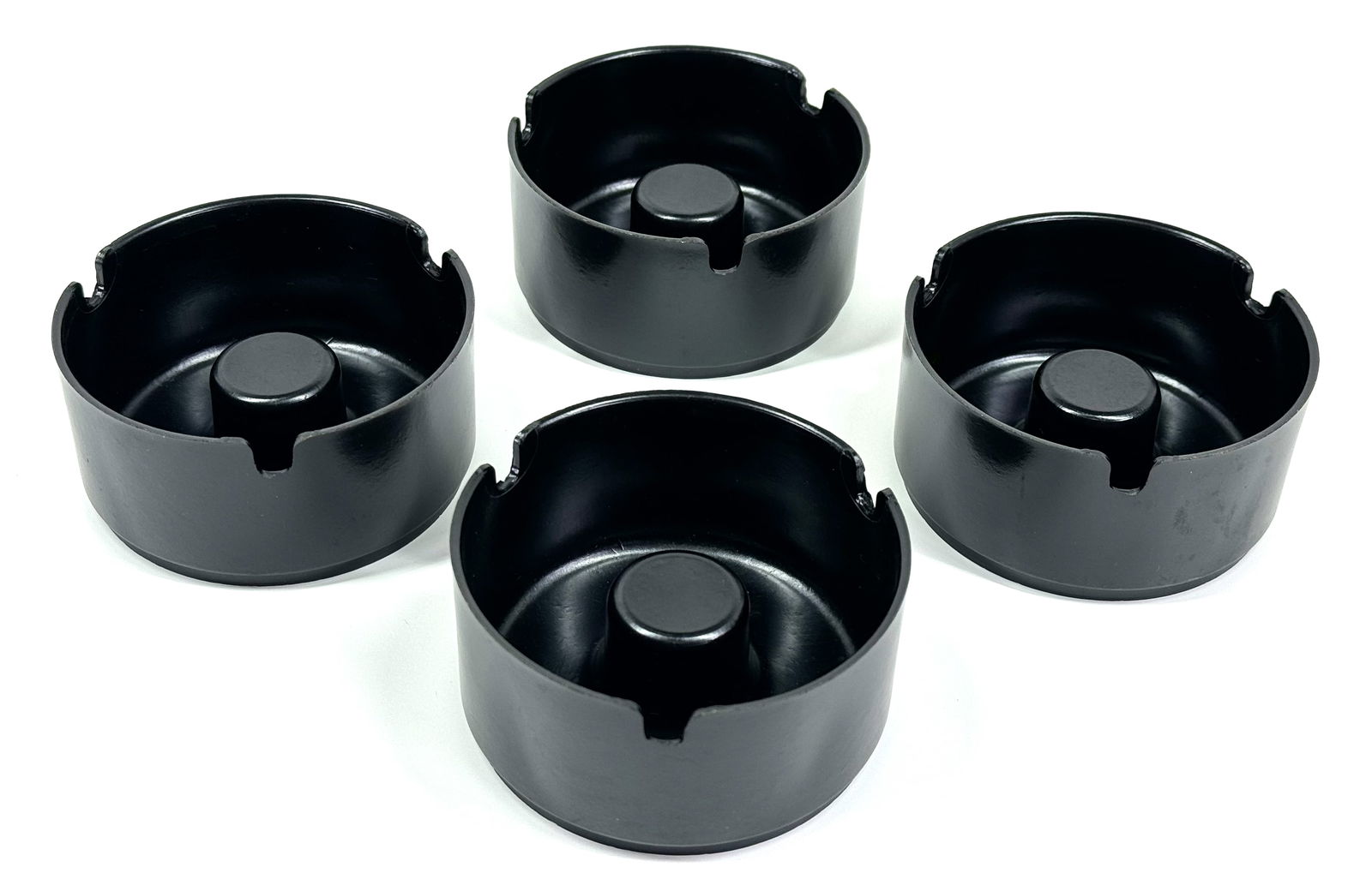 Vintage MCM black bakelite like stacking ashtrays . Lot of 4. Unused. (1 of 7)