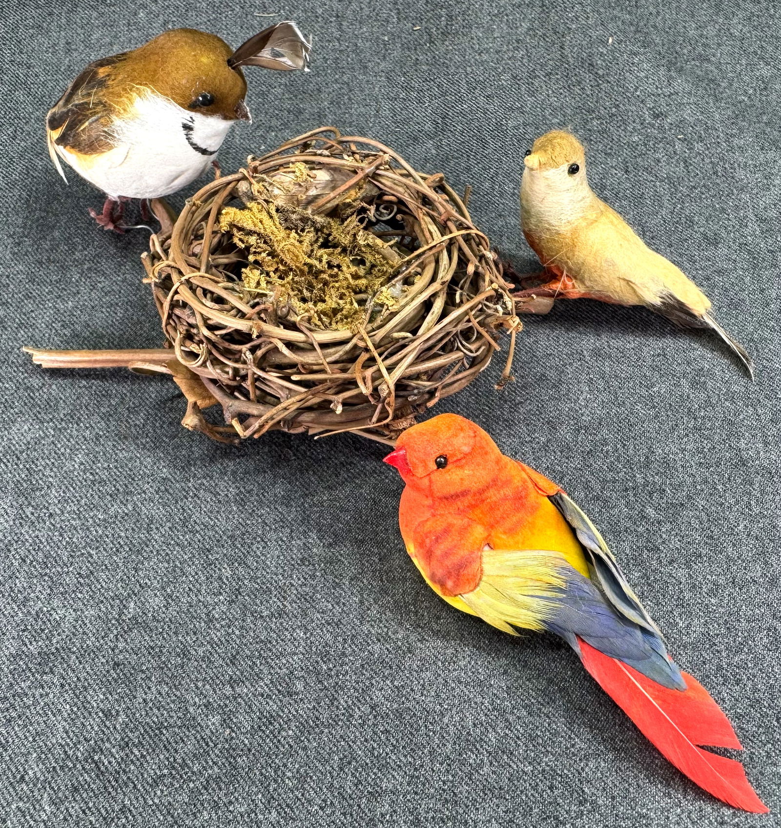 Hand crafted simulated bird nest & 3 assorted artificial birds adornmets (1 of 8)