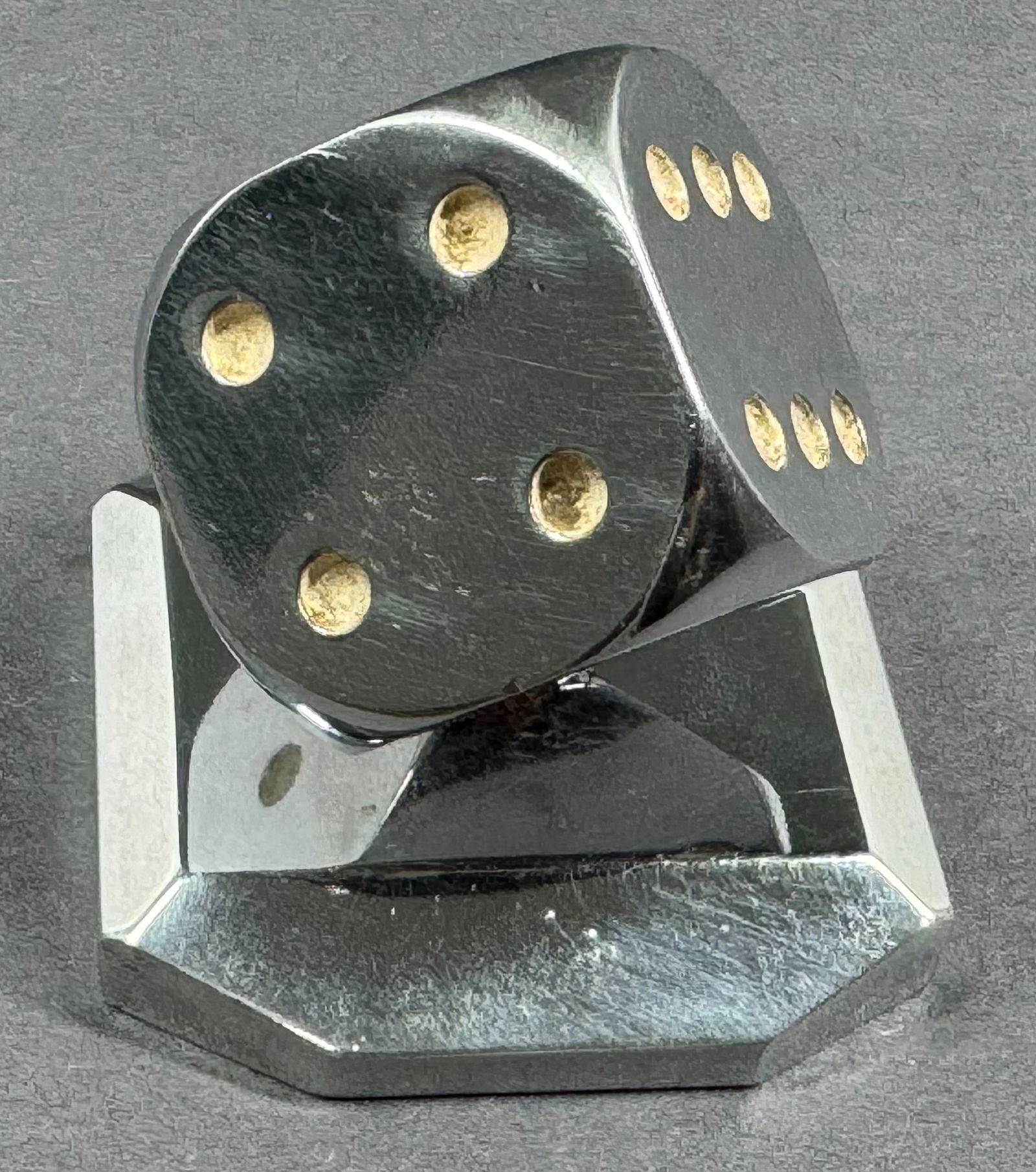 Vintage MCM Modernist Edgar Brandt Style Dice Paperweight. Chromed metal. (1 of 7)
