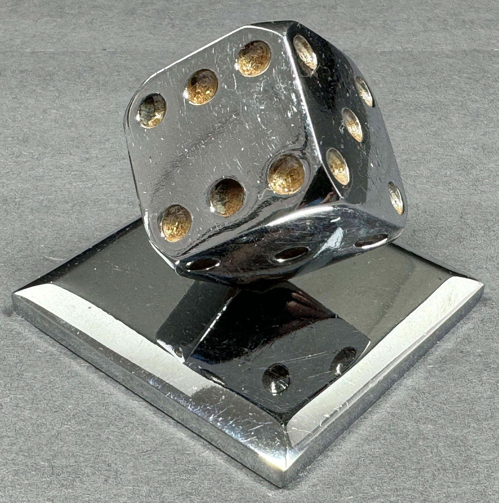 Vintage MCM Modernist Edgar Brandt Style Dice Paperweight. Chromed metal. (1 of 9)