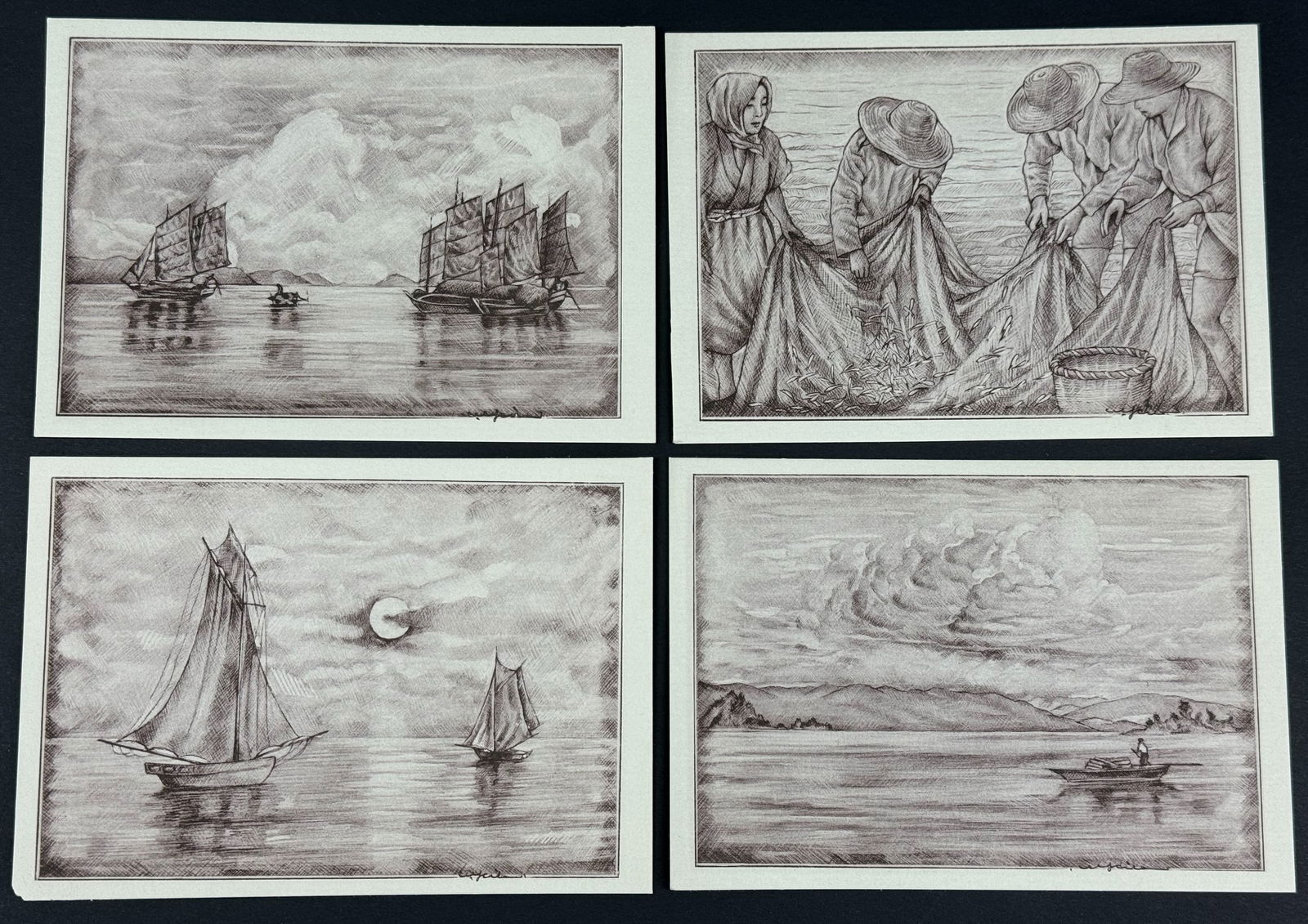 Vintage Japanese 50's Willy Seiler Art Postcards.Haul,Thunder Clouds,Moon Light,Chinese Junks (1 of 11)