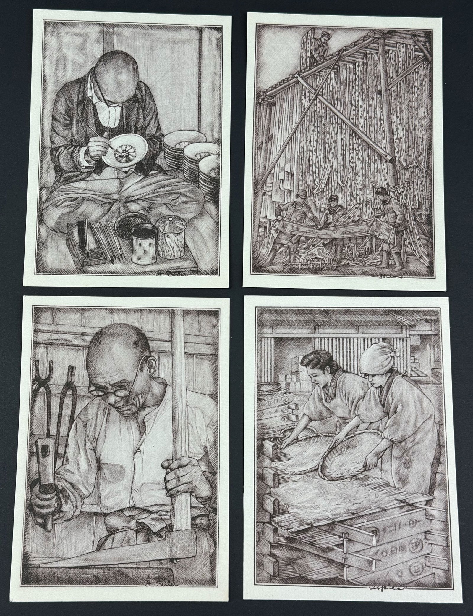 Vintage Japanese 50's Willy Seiler Art Postcards.Drying Fish,Yukata,The Blacksmith, Painting Pottery (1 of 11)