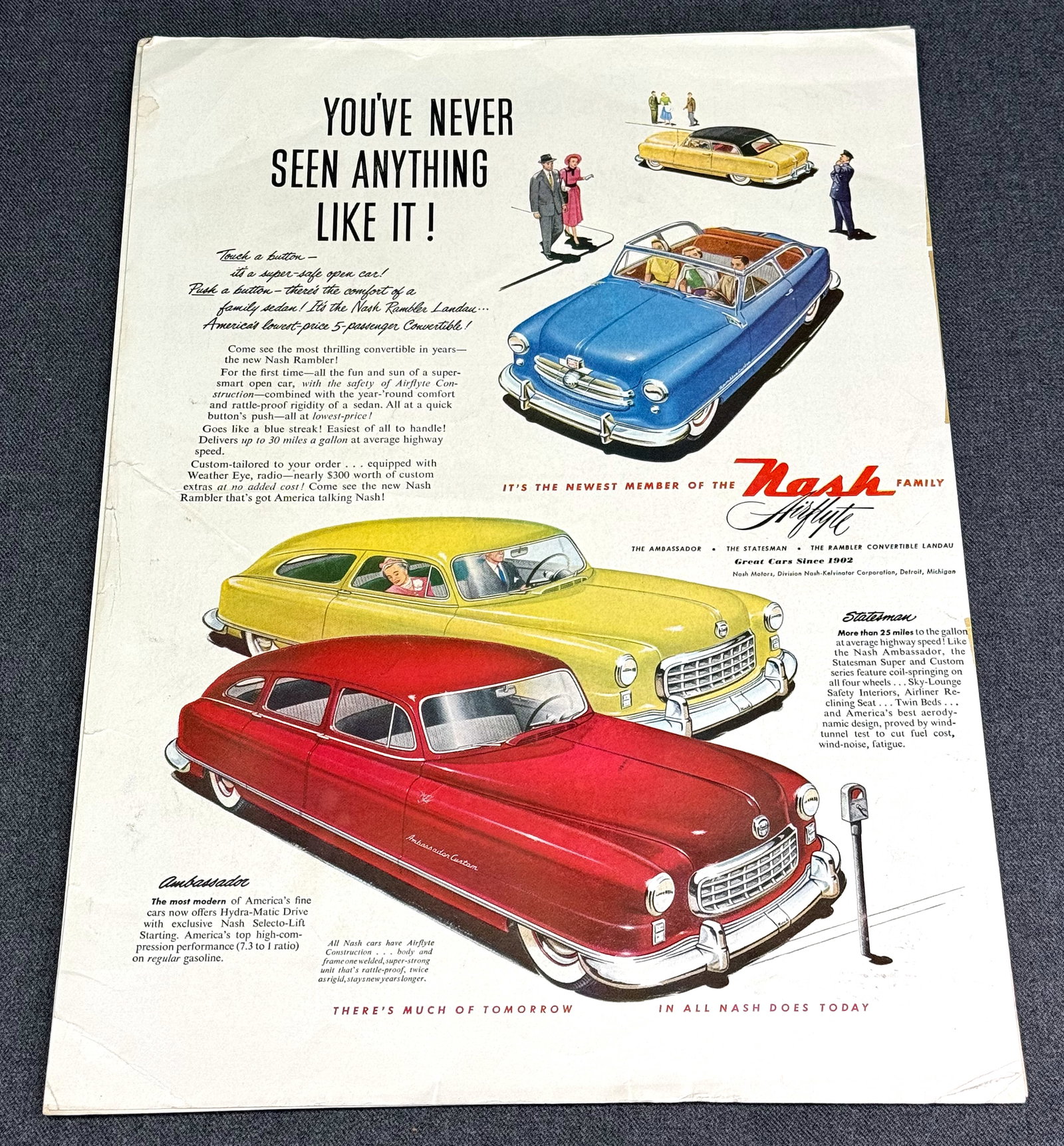 Nash Airflyte automobile Ad in Life magazine June 26th 1950.: IN HOUSE FLAT SHIPPING & HANDLING COST WITHIN ALL THE U.S. : $8 To bypass LiveShipping, and use our In-House shipping service for $8 or shipping combined for multiple lots, please select “Arrange Yo