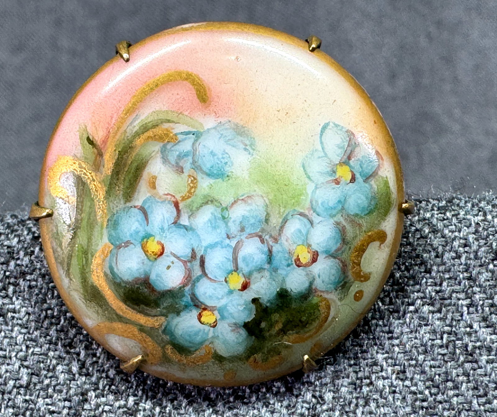 Antique Hand Painted Porcelain Forget-Me-Not Flowers Brooch Pin. (1 of 5)